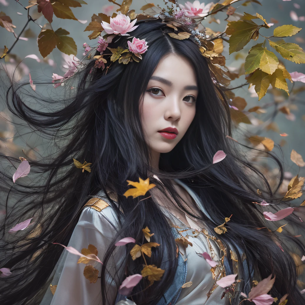 32K（tmasterpiece，k hd，hyper HD，32K）Long flowing black hair，ponds，zydink， a color， Aozhou people （Concubine girl）， （Purple silk scarf）， Combat posture， looking at the ground， long whitr hair， Floating hair， Carp pattern headdress， Chinese long-sleeved clothing， （Abstract gouache splash：1.2）， Pink petal background，Pink and white lotus flowers fly（realisticlying：1.4），Black color hair，Fallen leaves flutter，The background is pure， A high resolution， the detail， RAW photogr， Sharp Re， Nikon D850 Film Stock Photo by Jefferies Lee 4 Kodak Portra 400 Camera F1.6 shots, Rich colors, ultra-realistic vivid textures, Dramatic lighting, Unreal Engine Art Station Trend, cinestir 800，Long flowing black hair，Denim skirt