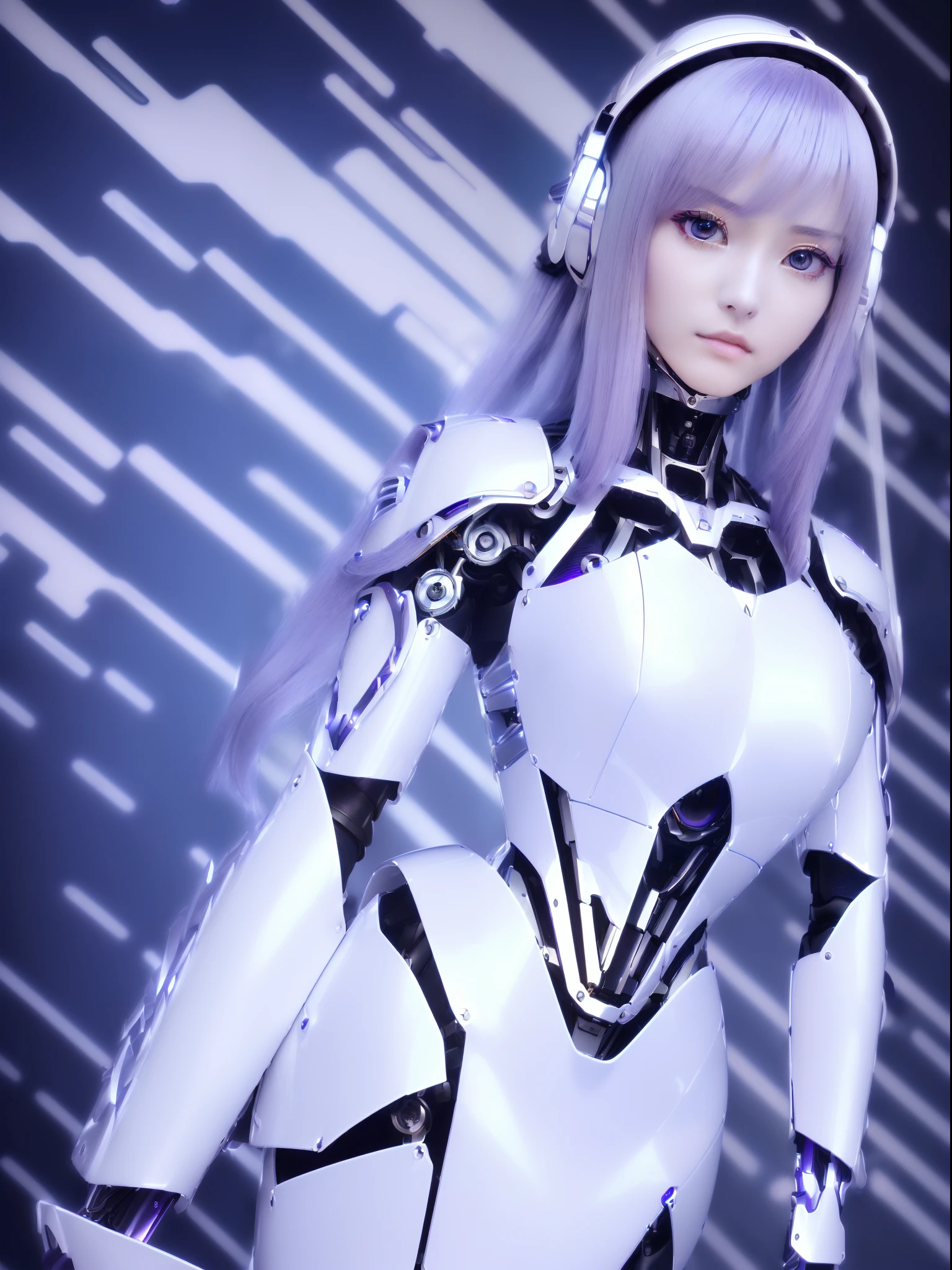 ((masutepiece)), ((top-quality), high quarity、ultra-definition, Realistic, fulcolor 、1Man beautiful robot woman、(Joints of machines)、(White porcelain mechanical armor)、((Curvaceous face))、deadpan、(Electronic substrate)、Purple straight hair、Wide Shot、Headgear of the machine