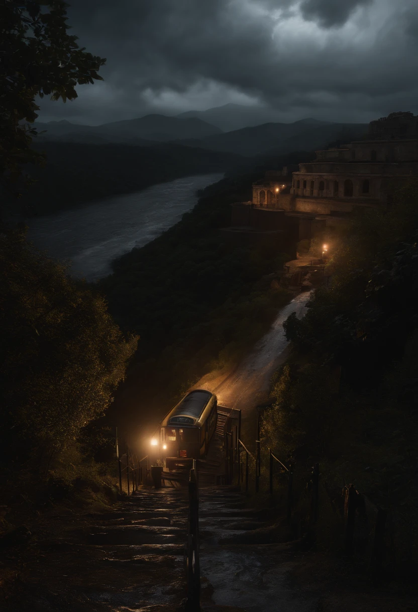(best quality,4k,8k,highres,masterpiece:1.2),ultra-detailed,(realistic,photorealistic,photo-realistic:1.37),dark,night,falling,stairs,bus,black clothes, black hair,gloomy,rain,rainy,heavy rain,ray tracing,mud,muddy ground