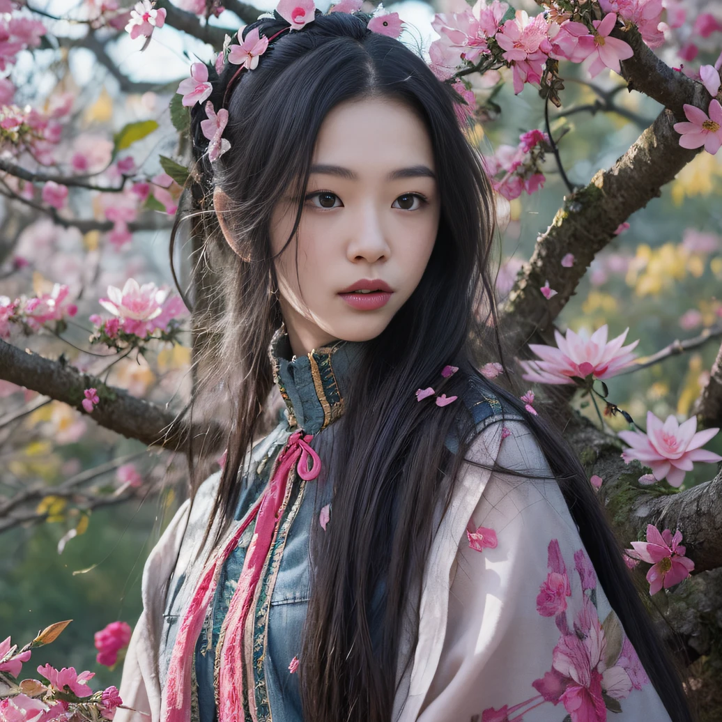 32K(tmasterpiece,k hd,hyper HD,32K)Long flowing black hair,ponds,zydink, a color, Aozhou people (Concubine girl), (Purple silk scarf), Combat posture, looking at the ground, long whitr hair, Floating hair, Carp pattern headdress, Chinese long-sleeved clothing, (Abstract gouache splash:1.2), Pink petal background,Pink and white lotus flowers fly(realisticlying:1.4),Black color hair,Fallen leaves flutter,The background is pure, A high resolution, the detail, RAW photogr, Sharp Re, Nikon D850 Film Stock Photo by Jefferies Lee 4 Kodak Portra 400 Camera F1.6 shots, Rich colors, ultra-realistic vivid textures, Dramatic lighting, Unreal Engine Art Station Trend, cinestir 800,Long flowing black hair,Denim skirt