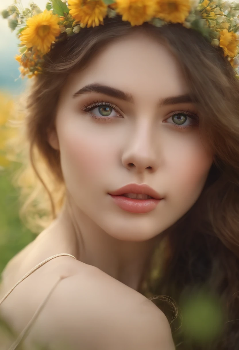 A girl in a garden,beautiful detailed eyes,beautiful detailed lips,extremely detailed eyes and face,long eyelashes,dreamy,flower crown,summer dress,peaceful atmosphere,natural sunlight,butterflies flying around,colorful flowers,green grass,sun-kissed skin,soft and delicate textures,impressionist painting effect,vivid colors,bokeh. (best quality,4k,8k,highres,masterpiece:1.2),ultra-detailed,realistic:1.37,portraits,summer pastel colors,soft lighting.