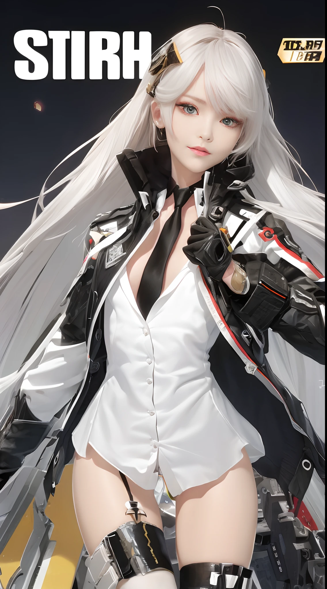 masterpiece, (best quality), (ultra-detailed), (ultra-realistic:1.2), landscape, sci-fi, transistorpunk, cyberpunk, biopunk, (magazine cover:1.4), (gray, white), female huge robot, visor, earring, mechanical angel wings on the back, angel wings, future town, dynamic pose, dynamic angle, small breasts, luxury, (gold, silver, green), neonmasterpiece, (best quality), (ultra-detailed), (ultra-realistic:1.2), landscape, sci-fi, transistorpunk, cyberpunk, biopunk, (magazine cover:1.4), (gray, white), 8k, UHD, The alone long waist white hair woman as the lone character as a magazine, yellow eyes, gold eyes, hair accessory, floating alone , high resolution, sci-fi city , Hyper detail mature face, black strapless bodysuit, white shirt, black panty, black jacket, black glove, ultra sharp, red necktie, black string full leg stocking, black string high thigh kneesock , exposed leg , black boot, feet visible, Hand Visible , twin sword, twin floating equipment, detail finger, 5 finger, Shooting pose，action pose,explosion effect, a determined expression on her face。