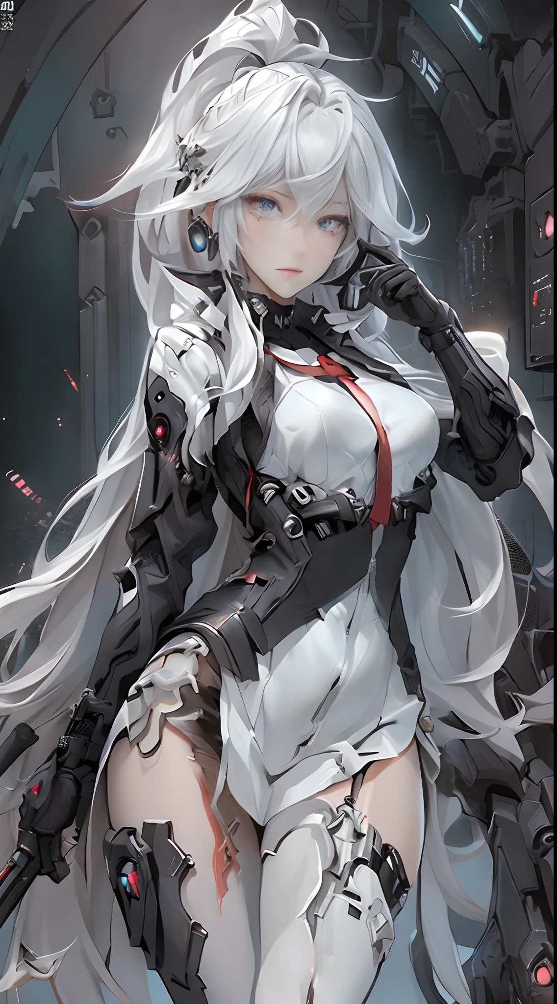 masterpiece, (best quality), (ultra-detailed), (ultra-realistic:1.2), landscape, sci-fi, transistorpunk, cyberpunk, biopunk, (magazine cover:1.4), (gray, white), female huge robot, visor, earring, mechanical angel wings on the back, angel wings, future town, dynamic pose, dynamic angle, small breasts, luxury, (gold, silver, green), neonmasterpiece, (best quality), (ultra-detailed), (ultra-realistic:1.2), landscape, sci-fi, transistorpunk, cyberpunk, biopunk, (magazine cover:1.4), (gray, white), 8k, UHD, The alone long waist white hair woman as the lone character as a magazine, yellow eyes, gold eyes, hair accessory, floating alone , high resolution, sci-fi city , Hyper detail mature face, black strapless bodysuit, white shirt, black panty, black jacket, black glove, ultra sharp, red necktie, black string full leg stocking, black string high thigh kneesock , exposed leg , black boot, feet visible, Hand Visible , twin sword, twin floating equipment, detail finger, 5 finger, Shooting pose,action pose,explosion effect, a determined expression on her face。