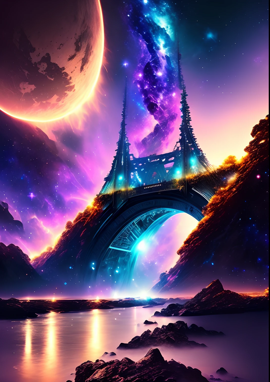 dreamlikeart, galaxy, outer space, nebula, star, [cyberpunked] Bridge from the Stars (star:1.5),