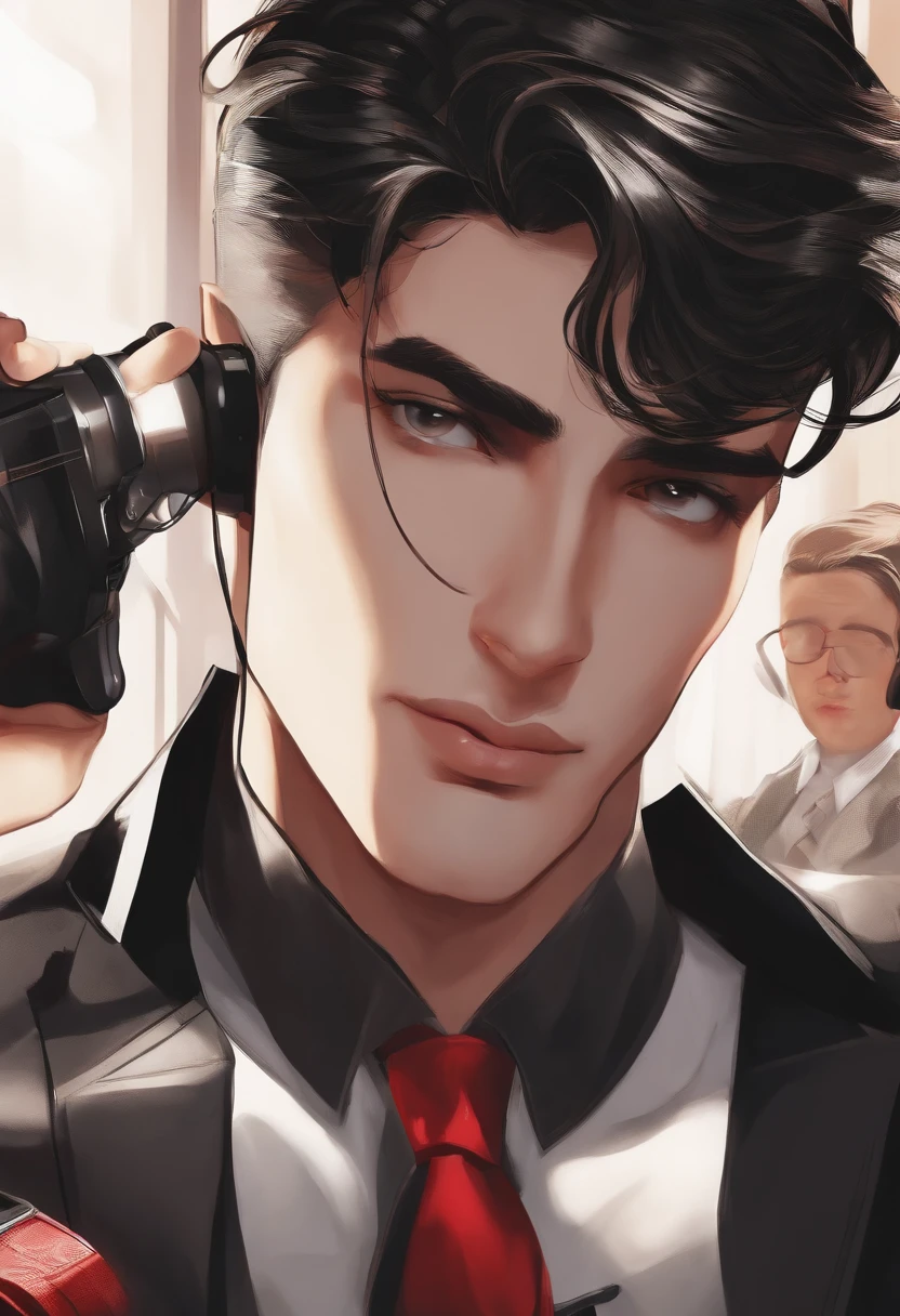 reporter masculino com terno preto, Gravata vermelha e caderno, with the expression of curiosity and overly open ears