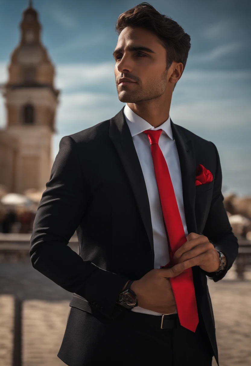 reporter masculino com terno preto, Gravata vermelha e caderno, with the expression of curiosity and overly open ears