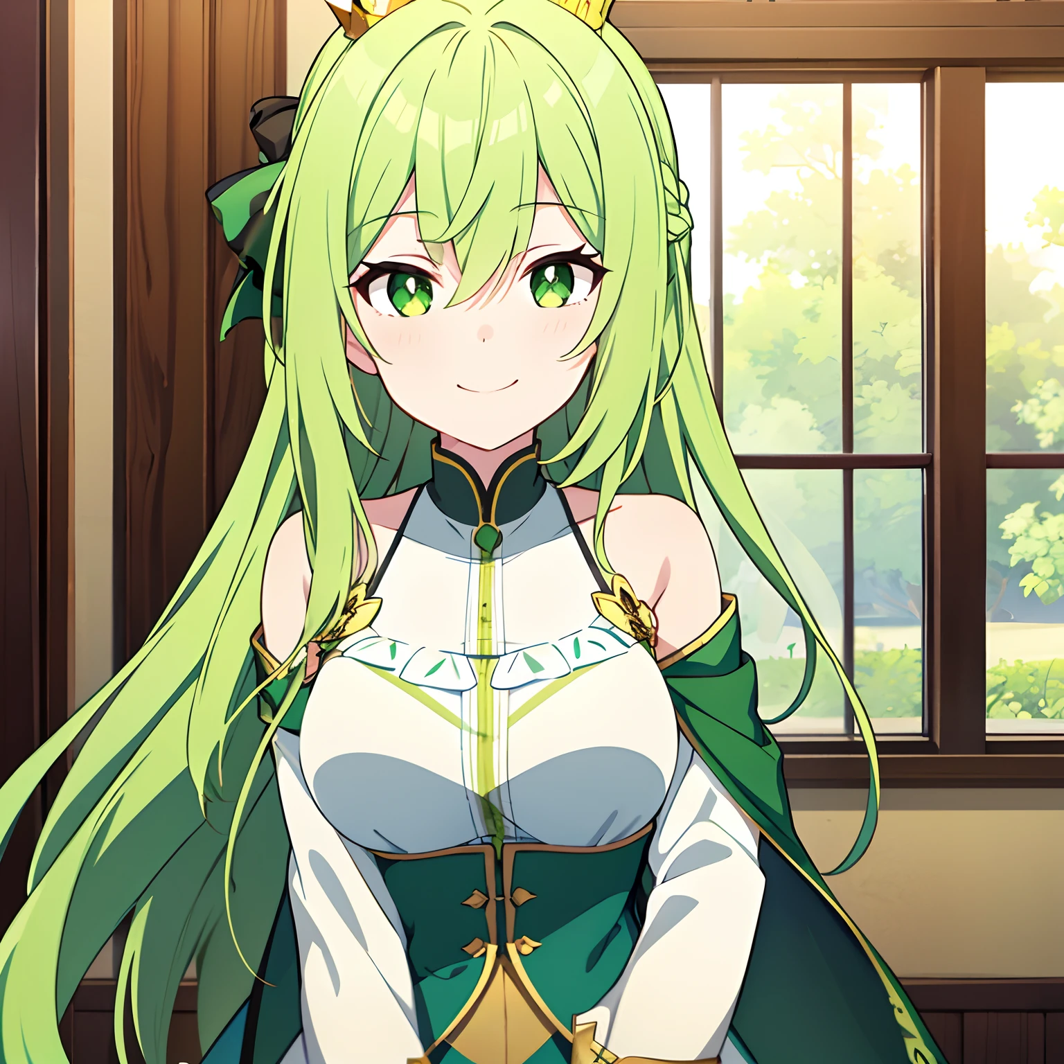 Long green hair，Girl with green eyes，With a smile，There is a crown on the head