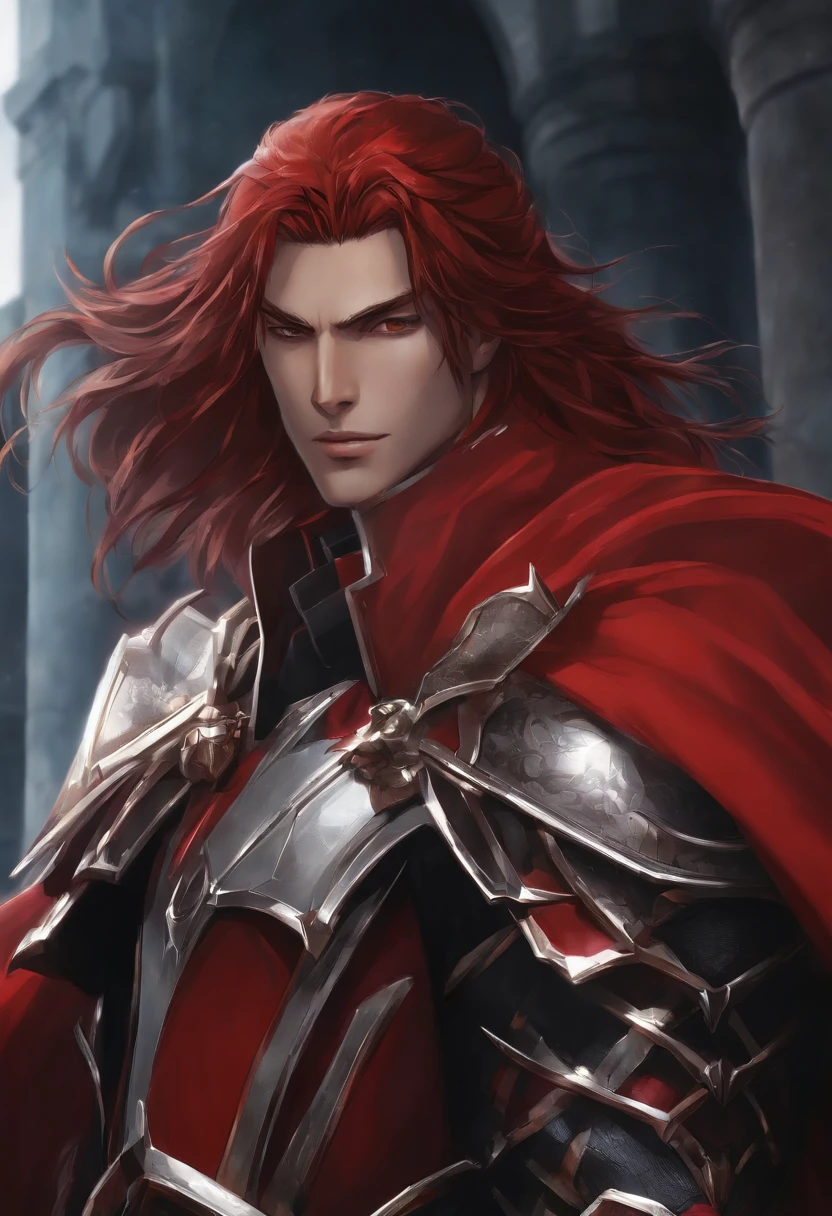 cara anime com cabelo vermelho longo, Jegal Taek and a red armor with black thorns in front of a building, homem bonito anime, personagem de anime masculino, com longos cabelos vermelhos , como um personagem de anime, no filme de anime, Estilo Kentaro Miura, em um anime, cara de anime alto com olhos vermelhos , Anime de hoje ainda em destaque, Ainda de anime de TV, jovem homem de anime