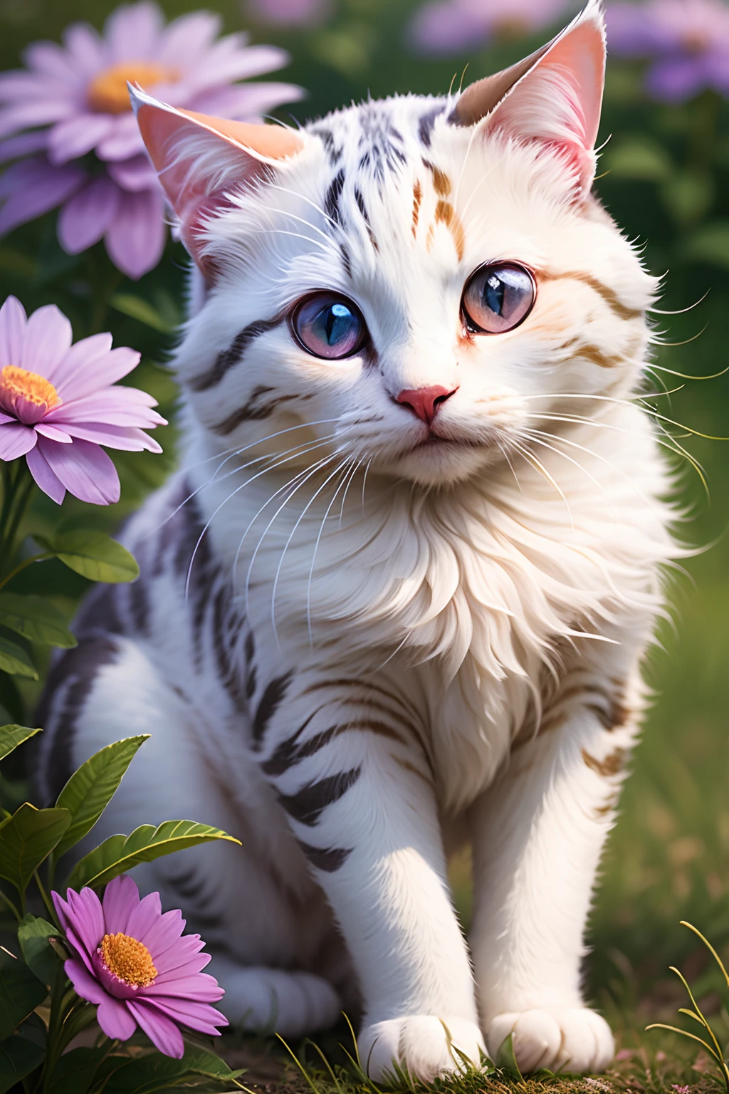 Cute round-eyed white cat in purple flower field,
