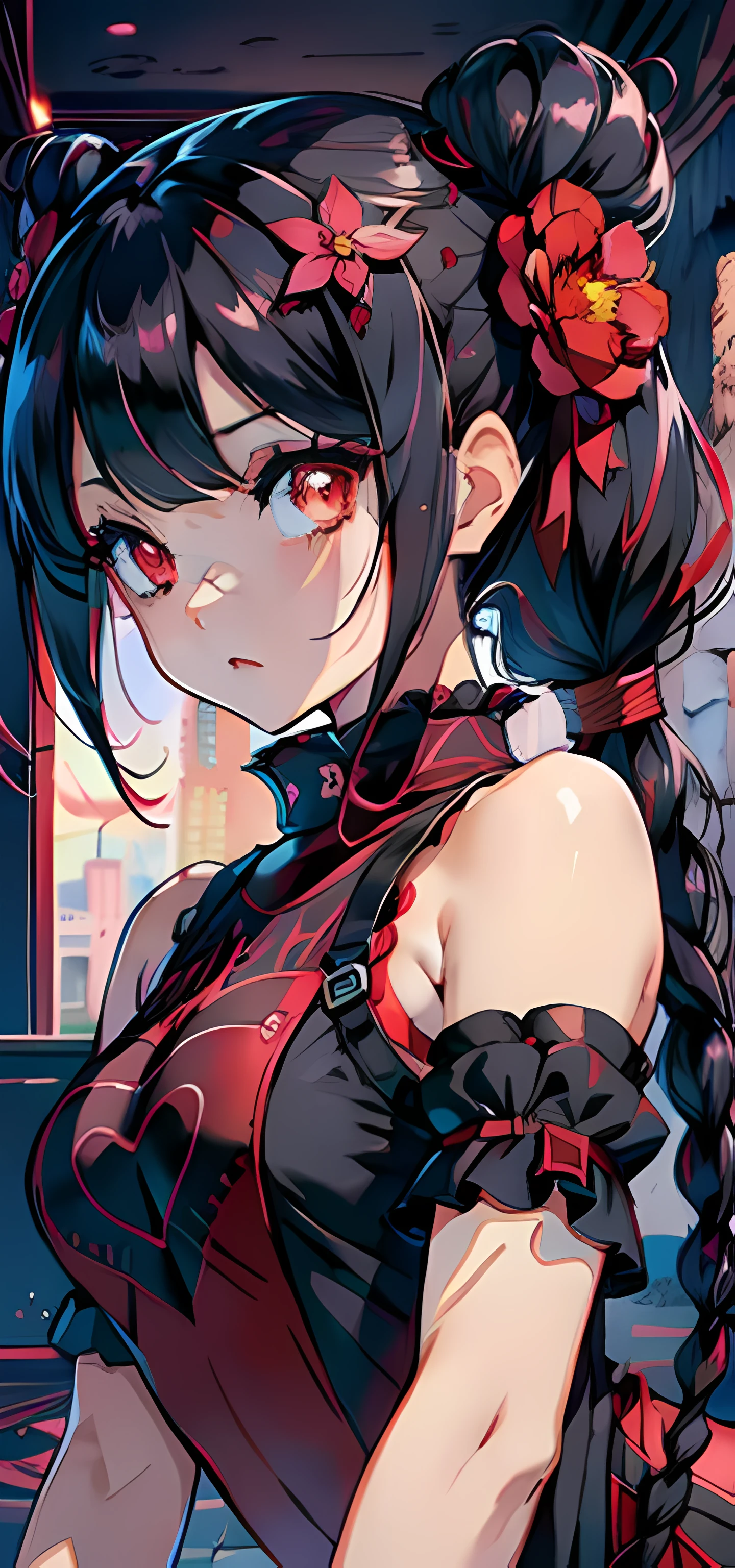 masterpiece, high quality, best quality, ((1girl))black hair, red eyes,  cute face, wrist cuffs,  Detached Sleeves,{Hair Flower}, ((floating hair))Shoulder, Low Twintails, {{{Red Gradient eyes}}}, hair accessories, (beautiful detailed eyes), eye shadow, black pants,  ass, living room, large breasts, dymanic pose