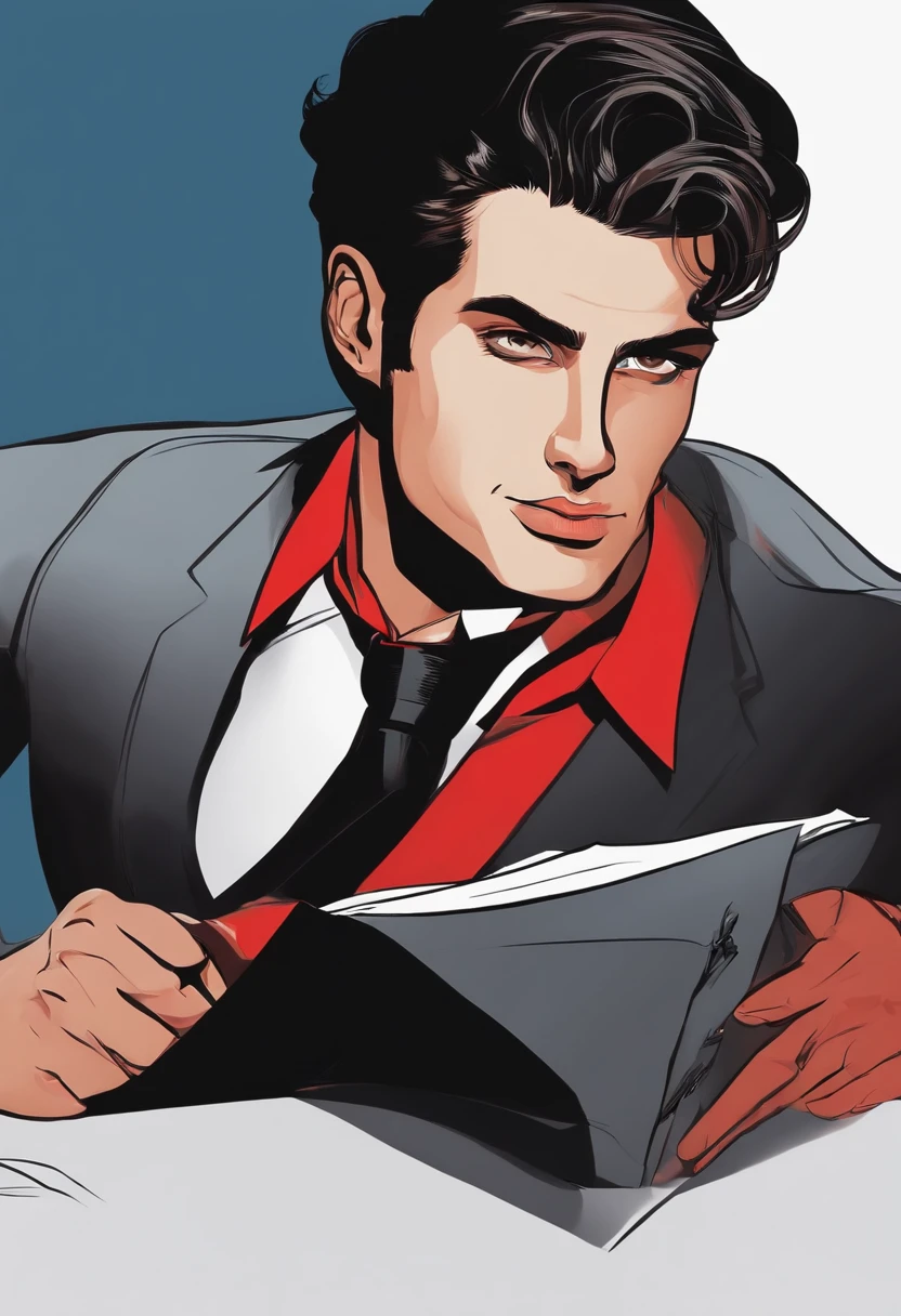 reporter masculino com terno preto, Gravata vermelha e caderno, with the expression of curiosity and overly open ears