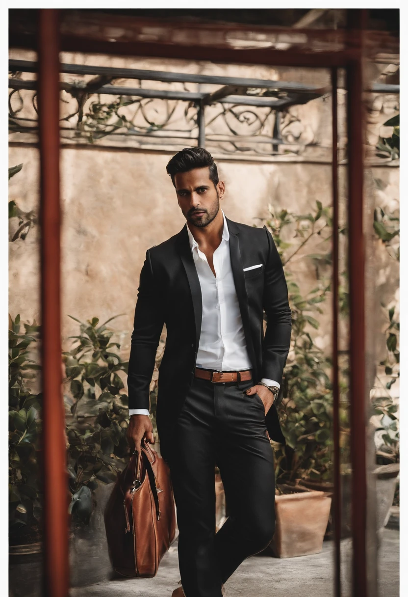 reporter masculino com terno preto, Gravata vermelha e caderno, with the expression of curiosity and overly open ears