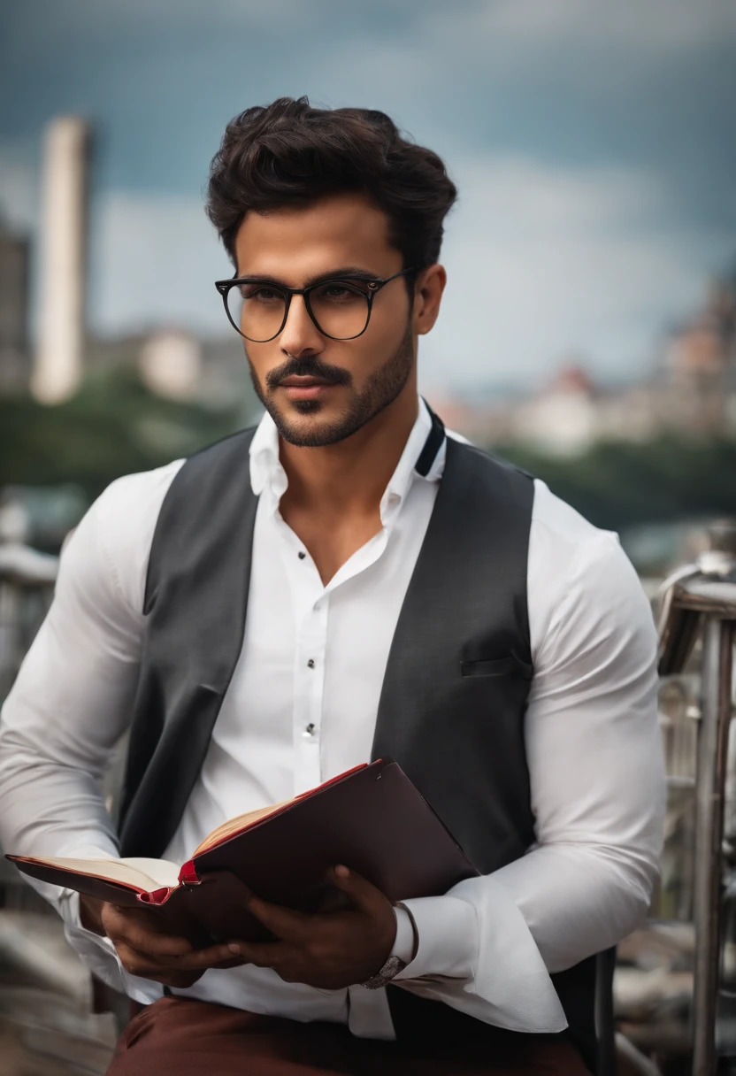 reporter masculino com terno preto, Gravata vermelha e caderno, with the expression of curiosity and overly open ears