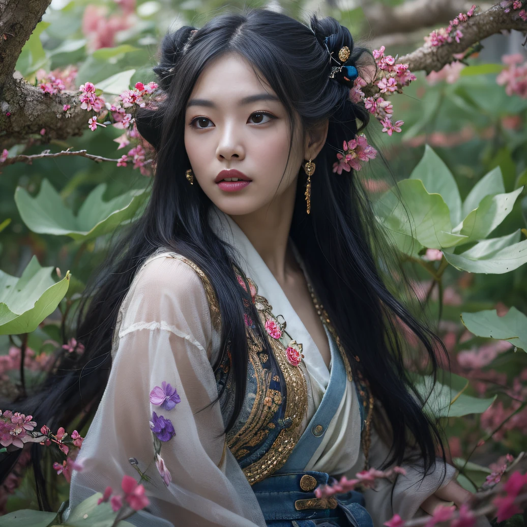 32K(tmasterpiece,k hd,hyper HD,32K)Long flowing black hair,ponds,zydink, a color, Aozhou people (Concubine girl), (Purple silk scarf), Combat posture, looking at the ground, long whitr hair, Floating hair, Carp pattern headdress, Chinese long-sleeved clothing, (Abstract gouache splash:1.2), Pink petal background,Pink and white lotus flowers fly(realisticlying:1.4),Black color hair,Fallen leaves flutter,The background is pure, A high resolution, the detail, RAW photogr, Sharp Re, Nikon D850 Film Stock Photo by Jefferies Lee 4 Kodak Portra 400 Camera F1.6 shots, Rich colors, ultra-realistic vivid textures, Dramatic lighting, Unreal Engine Art Station Trend, cinestir 800,Long flowing black hair,Denim skirt
