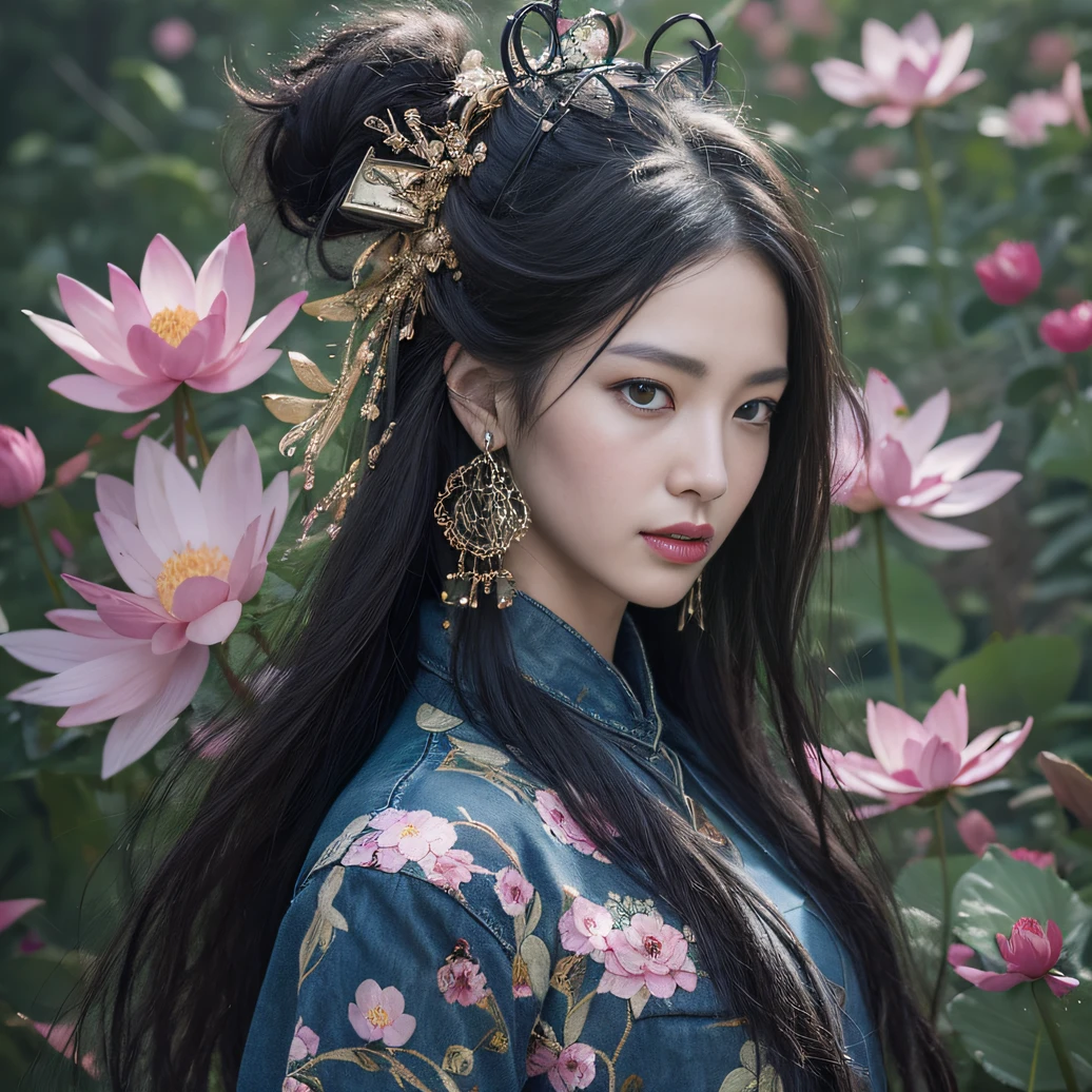 32K(tmasterpiece,k hd,hyper HD,32K)Long flowing black hair,ponds,zydink, a color, Aozhou people (Concubine girl), (Purple silk scarf), Combat posture, looking at the ground, long whitr hair, Floating hair, Carp pattern headdress, Chinese long-sleeved clothing, (Abstract gouache splash:1.2), Pink petal background,Pink and white lotus flowers fly(realisticlying:1.4),Black color hair,Fallen leaves flutter,The background is pure, A high resolution, the detail, RAW photogr, Sharp Re, Nikon D850 Film Stock Photo by Jefferies Lee 4 Kodak Portra 400 Camera F1.6 shots, Rich colors, ultra-realistic vivid textures, Dramatic lighting, Unreal Engine Art Station Trend, cinestir 800,Long flowing black hair,Denim skirt
