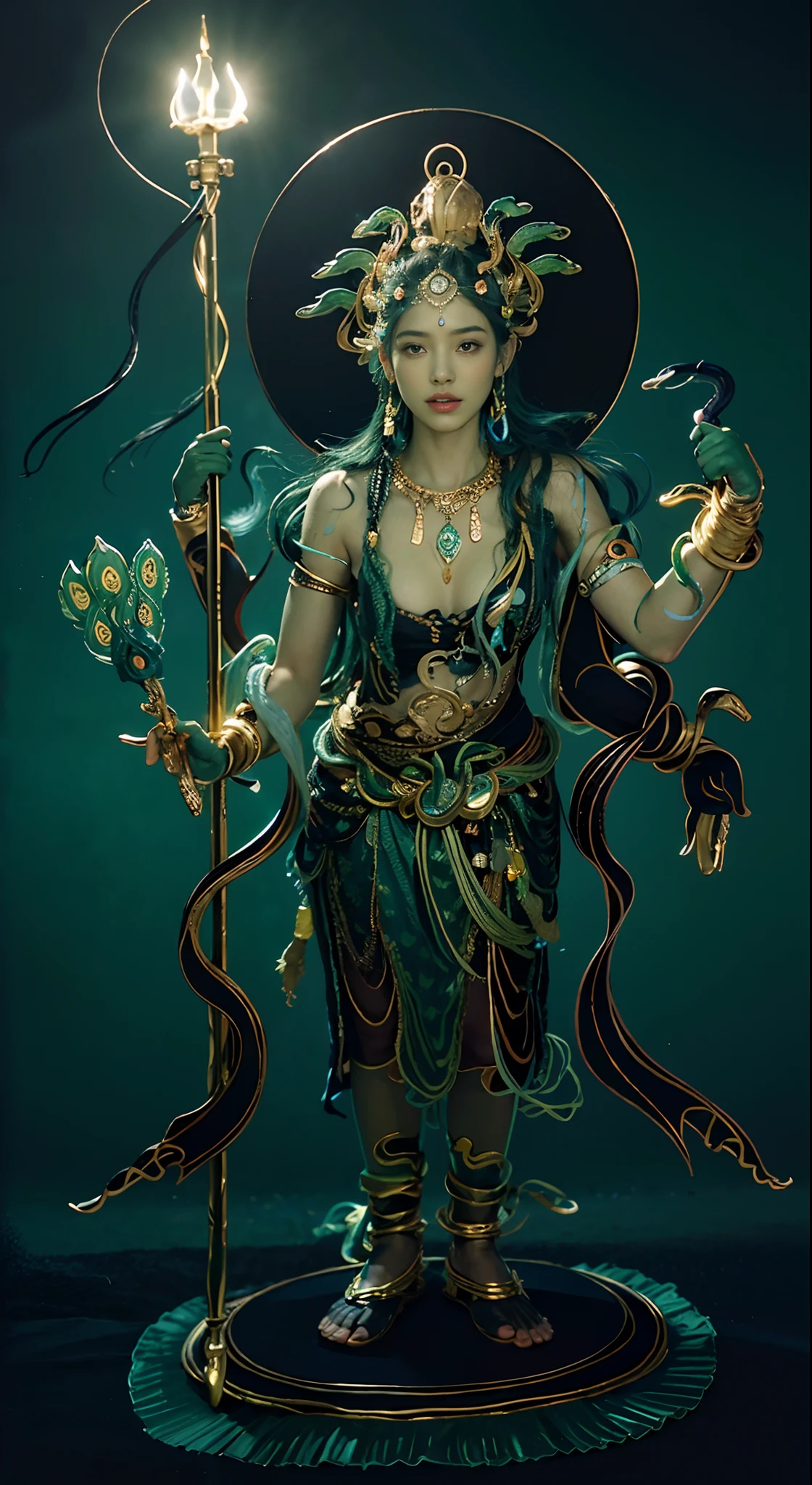 32K(tmasterpiece,k hd,hyper HD,32K)Long flowing black hair,Avatar girl,(((Green skin)))girl,,Stand in a valley full of flowers,(((Green skin))),Gem Necklace,Exquisite headdress,Long hair hanging down the shoulders,There are six snakes on top of their heads,Snake in hand,The body is decorated with snakes,Four arms,A snake wrapped around his wrist,The ankles are wrapped around the snake,(The union of man and black snake),Solo, The waist is((deerskin)), The upper body is covered(deerskin,) Holding a fan made of peacock essence in his hand, Trident weapons, Streamers,shaded_face, Pretty big breasts,Head background with round light,Alpine snow-capped mountains in the distance,Bright sky,Sunny picture,offcial art, (Extremely detailed Cg Unity 8K wallpaper), (Photorealistic:1.4), (Masterpiece), (Best quality:1.2),Light and shadow tracking,Super HD, A high resolution, the detail, RAW photogr, Sharp Re, Nikon D850 Film Stock Photo by Jefferies Lee 4 Kodak Portra 400 Camera F1.6 shots, Rich colors, ultra-realistic vivid textures, Dramatic lighting, Unreal Engine Art Station Trend, cinestir 800,Long flowing black hair,