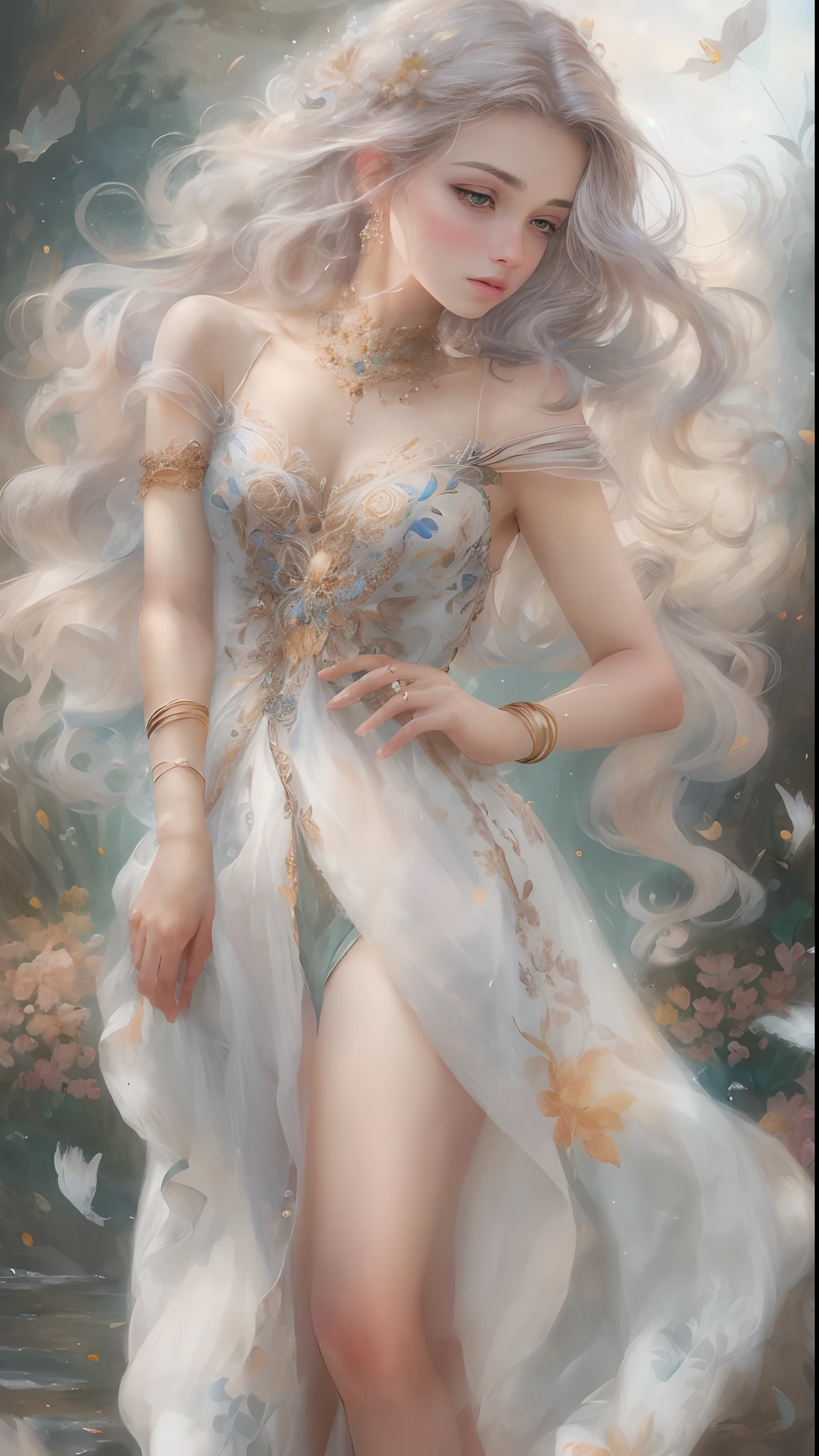 (Best quality, 4K, 8K, A high resolution, Masterpiece:1.2), Ultra-detailed, Realistic portrait, Detailed expression, Graceful posture, Dreamy atmosphere, expressive brush strokes, mystical ambiance, Artistic interpretation,Beautiful coiled hair，Delicate floral jewelry， Amazing little fresh style clothing, a whimsical illustration, Subtle colors and tones, mystical aura,The details have been upgraded