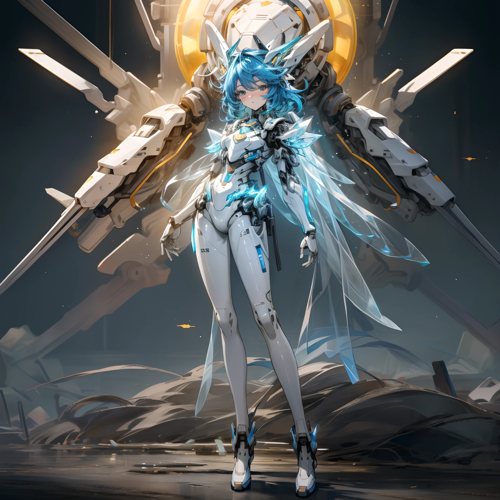 (Masterpiece, Highest quality: 1.3), (16k, high resolution: 1.3), Beautiful teenage girl, Mechanical body, Transparent skin, Cinematic light, with light glowing, Very cute and beautiful Korean woman idol, full bodyesbian, staring at the audience, Firm and dignified eyes,