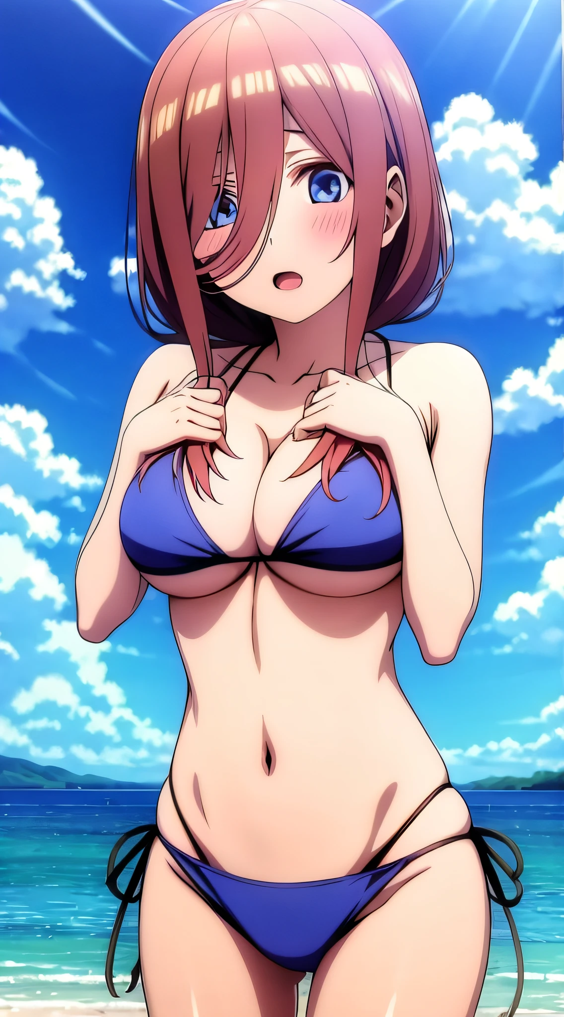 Anime girl on a beach groping her breasts in hand holding her bikini breasts