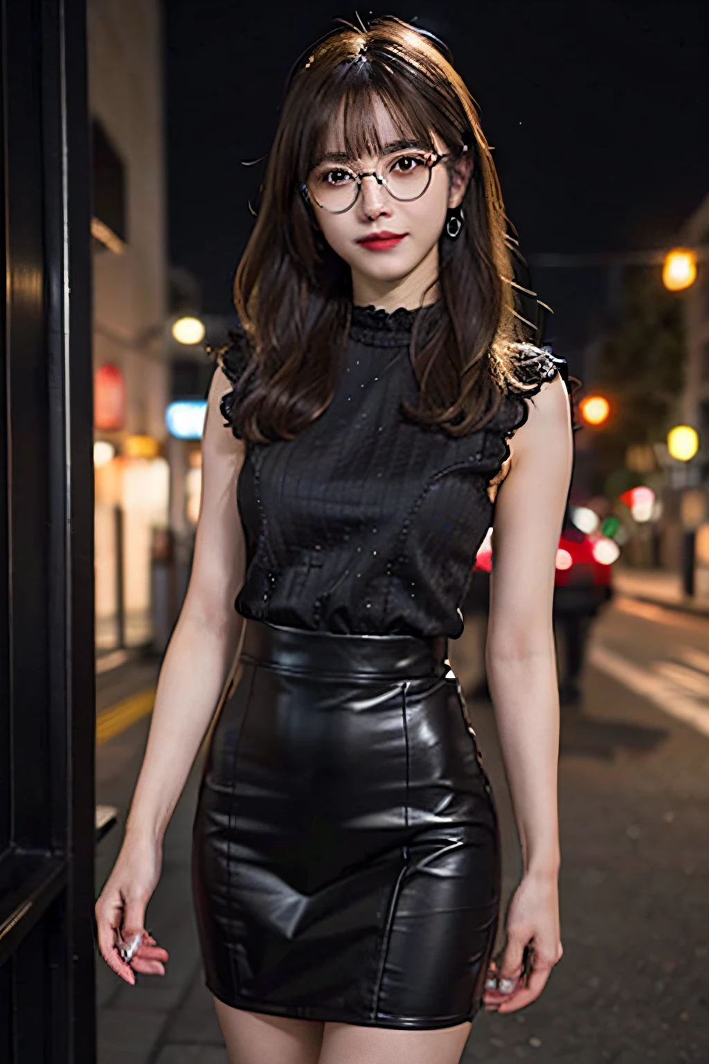 (8K、Raw photography、top-quality、masterpiece:1.2)、(realisitic、Photorealsitic:1.37)、ultra-detailliert、超A high resolution、女の子1人、see the beholder、beautifull detailed face、A smile、Constriction、(Slim waist) :1.3)、Office Lady、tight skirts、Beautiful detailed skin、Skin Texture、Floating hair、Braided hair、Professional Lighting、Downtown at night、((Black square glasses )) 、Whole human body、Brown hair