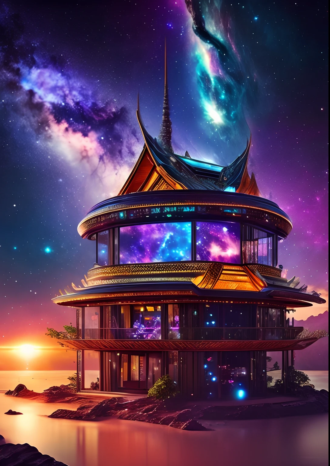 dreamlikeart, galaxy, outer space, nebula, star, [cyberpunked] Thai Pavilion from the stars (star:1.5),