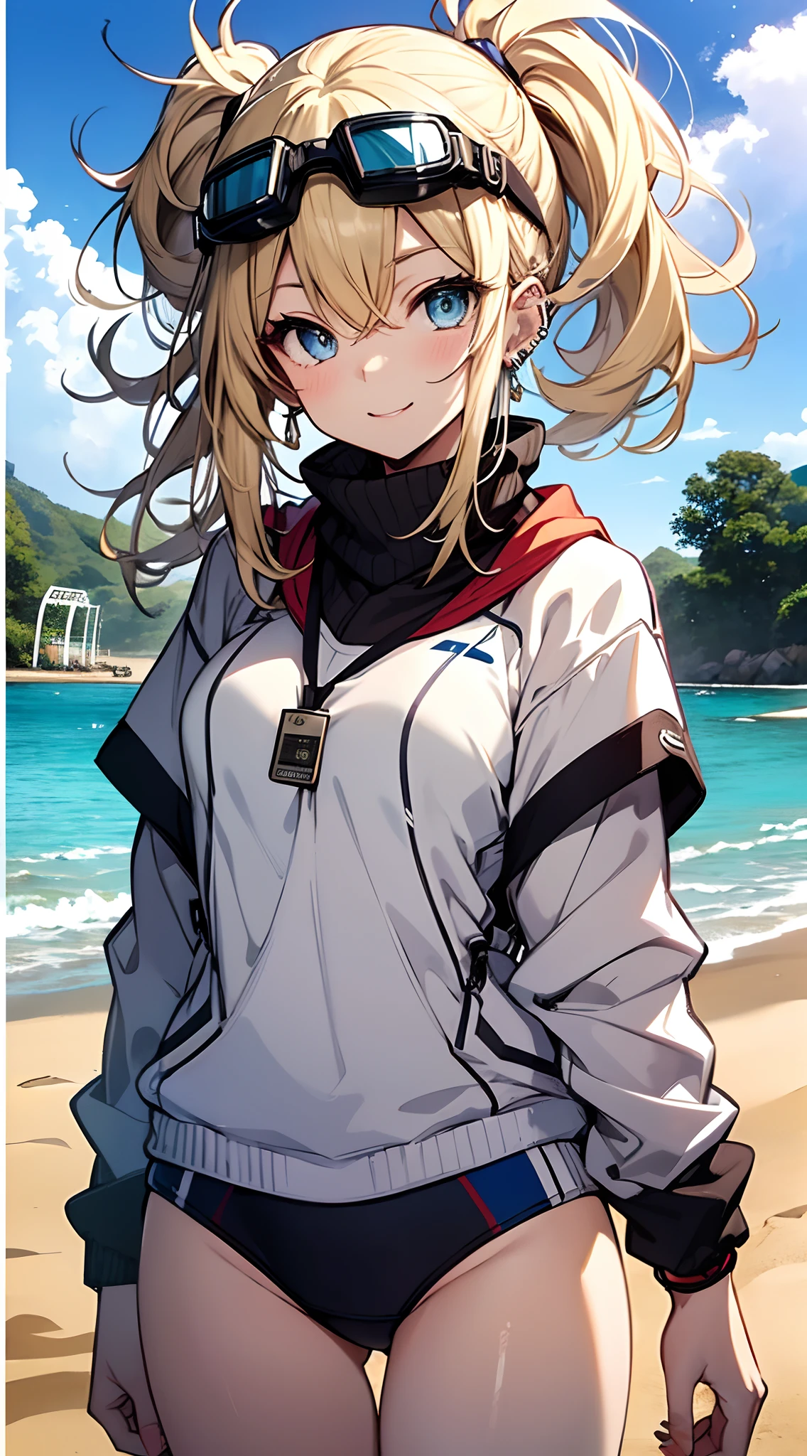 top-quality、Top image quality、​masterpiece、girl with((18year old、School swim wear:1.6、Bust 90、a blond、disheveled ponytail、Blue eyes、open chest wide、Happiness、Black wristband on wrist、Goggles on the head:1.3、Ear-piercing))、((perspired:1.1))A slender、hiquality、(Piece It Piece)、visualart、Background with((sand beach:1.2))、masutepiece