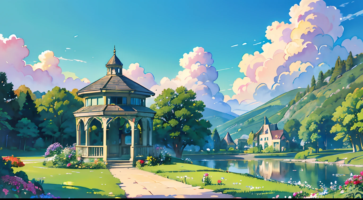 (Watercolor in Sargent style))、(top-quality、masterpiece)、Soft light、Rural fantasy, Bright colors, ((Huge overgrown stone cottage apartment, Princess Towers, Gazebo)), Sharp details, grass field, Colorful flowers, flawless architecture,Clouds, Colorful, Pastel colors, intricate detailes, High resolution, highly detailed surroundings, Highly detailed, Fine detail,