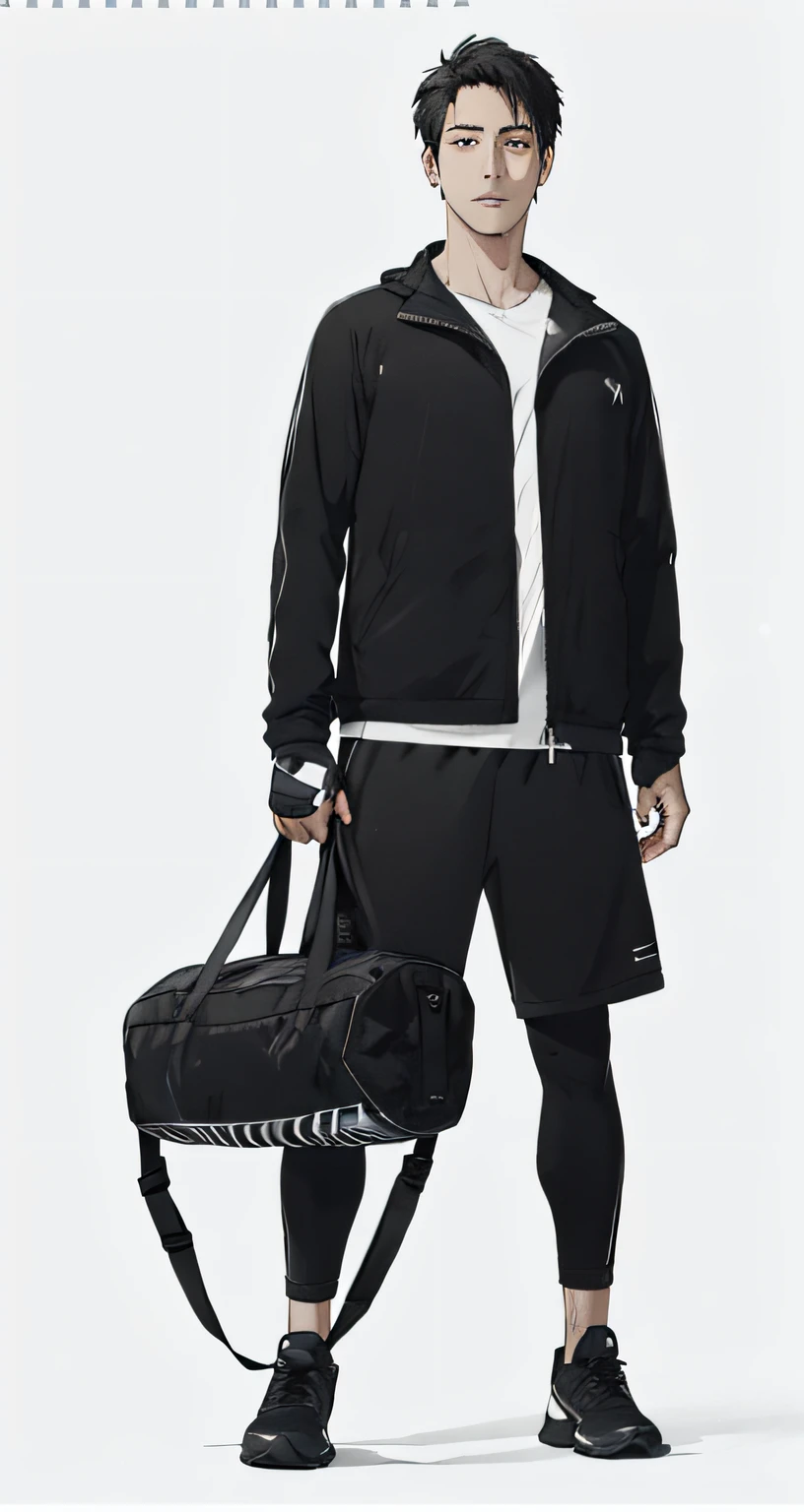 The Arafed man in a black jacket holds a black duffel bag, sport outfit, sport outfit, professional sports style, focus on full - body, acronym, techwear outfits, vivd details, Full-body, full bodyesbian, Beginner, One black, , Full clothing, cinematic full shot