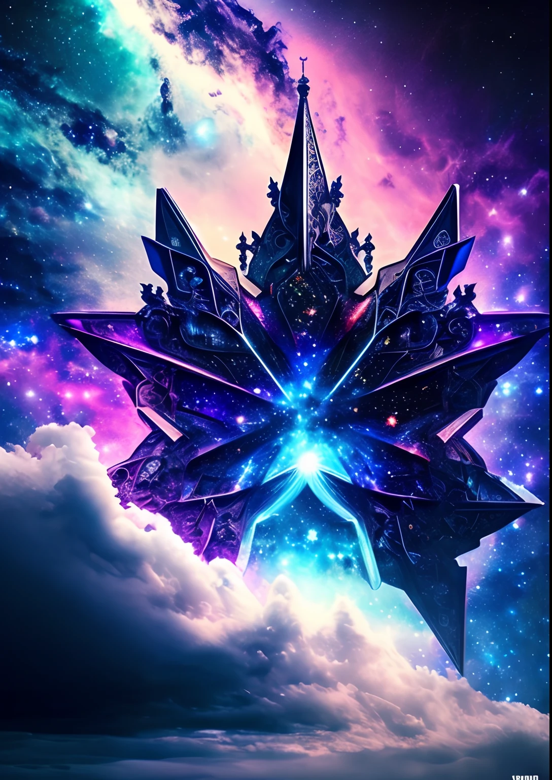 dreamlikeart, galaxy, outer space, nebula, star, [cyberpunked] Thai church from the stars (star:1.5),