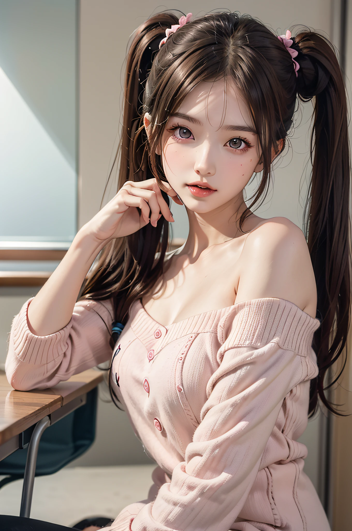 ((1girl in)), ((Best Quality)), (Ultra-detailed), (extremely detailed CG unified 8k wallpaper), Highly detailed, High-definition raw color photos, Professional Photography, (Twintails), Brown hair, Amazing face and eyes, Pink eyes, (amazingly beautiful girl), School, classroom, off shoulder,