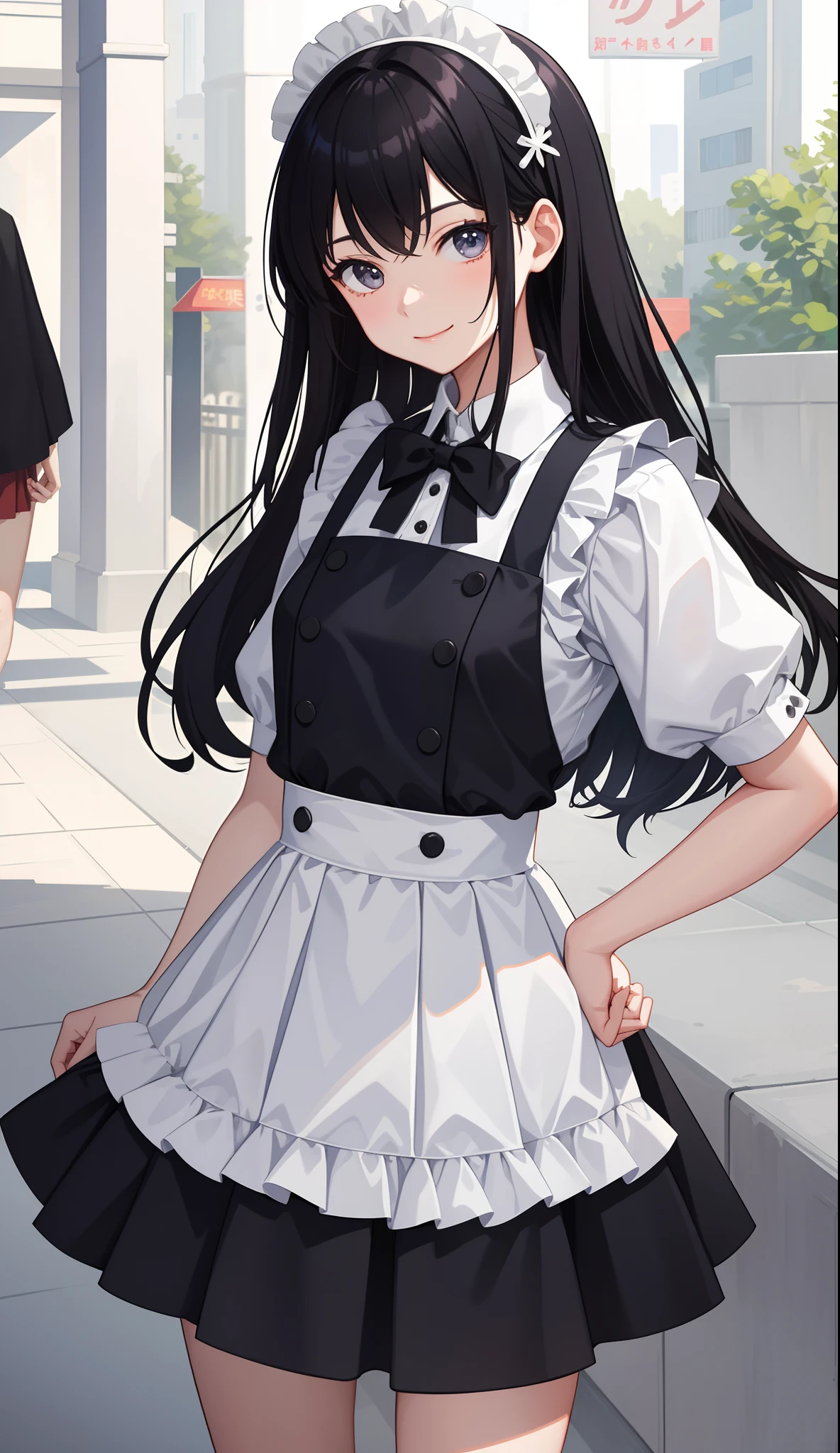 1girl in、AS-Adult、A smile、The shirt、skirt by the、(small tits)、doress、pinafore、hair adornments、(Maids)、Walking with a thigh、Upper body portrait、