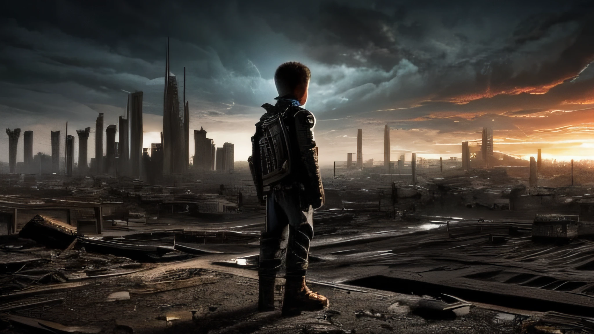 (post-apocalyptic landscape:1.5, Abandoned metropolis:1.3, dark cloude:1.2), (The silhouette of a boy staring at the horizon, Strong contrast), Diffuse brightness, Gray tones, heavy, Low saturation.