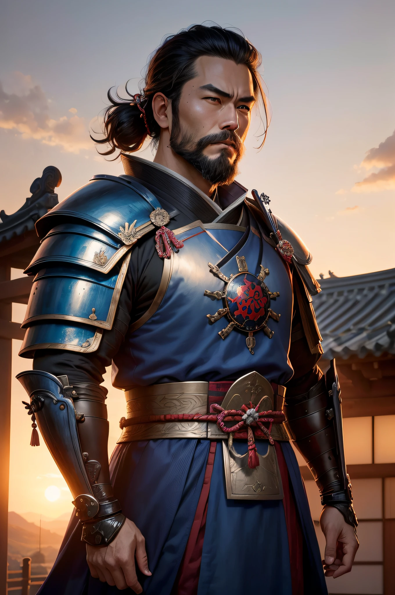 ((top-quality)), ((masterpiece)), ((Photorealsitic)), (ultra-detailliert),(Upper body only),(male people)(detailed facial features)、(Sunset time)、(early evening)、(The time after which the afternoon passed..)、(Clothed)、 No watermark signature, The background is the battlefield、fight、former times、Old-fashioned world, 细致背景, insanely detaileda, complexly detailed, ((masterpiece)), absurderes, nffsw, nffsw, 8K, (Align Center, Frame Center), (foco nítido, charactor focus), 1male people, japanese samurai,Blue Armor、 japanes、Wearing Japanese Blue Armor,Blue Armor、Sengoku Warlord, samurais、animesque、Tokugawa Ieyasu、Fat、Bearded、Soio、frontage、Respectable background、Castle town in the background、Soio、frontage