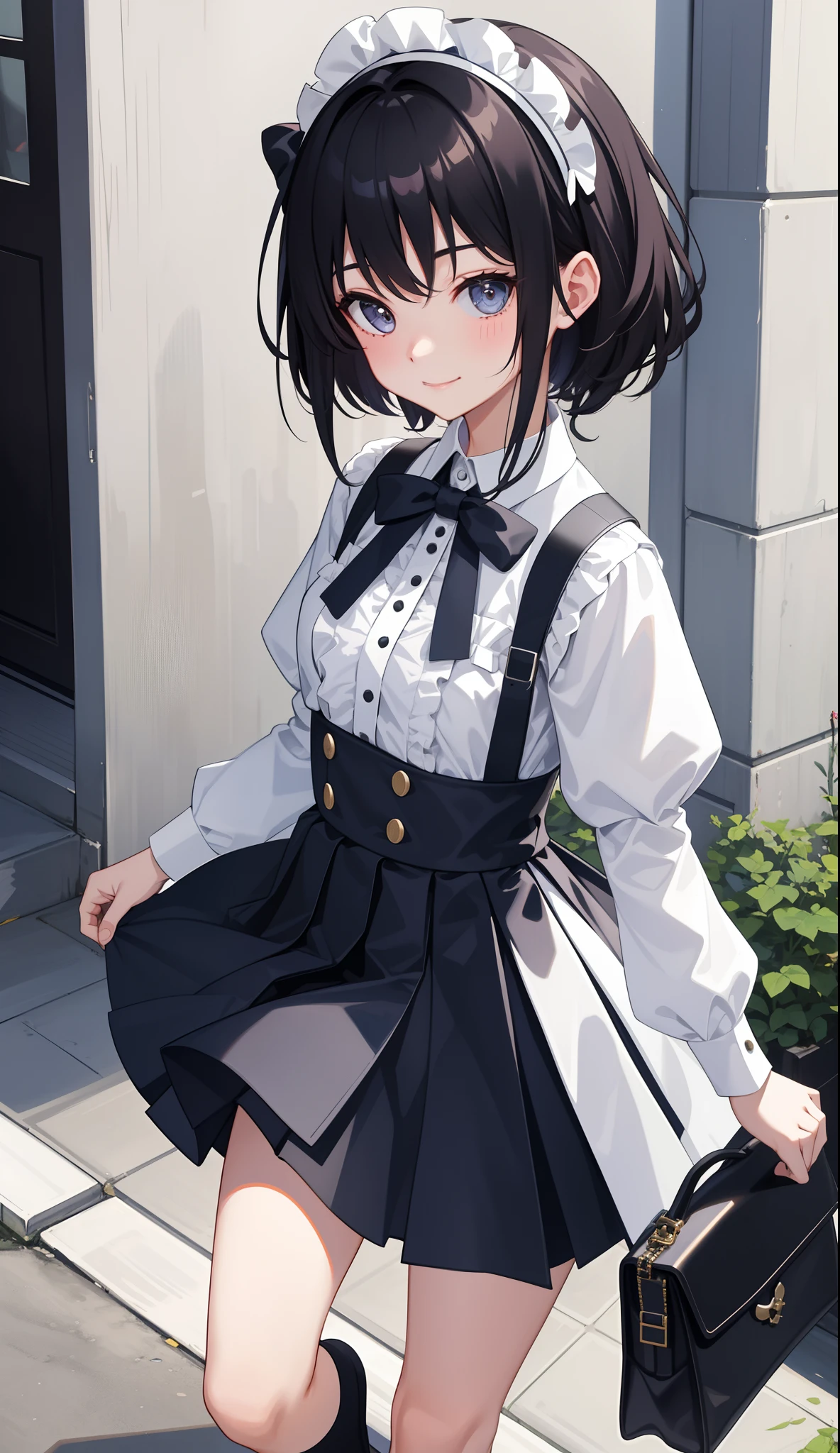 1girl in、AS-Adult、A smile、The shirt、skirt by the、（small tits）、doress、pinafore、hair adornments、（Maids）、Walking with a thigh、Upper body portrait、