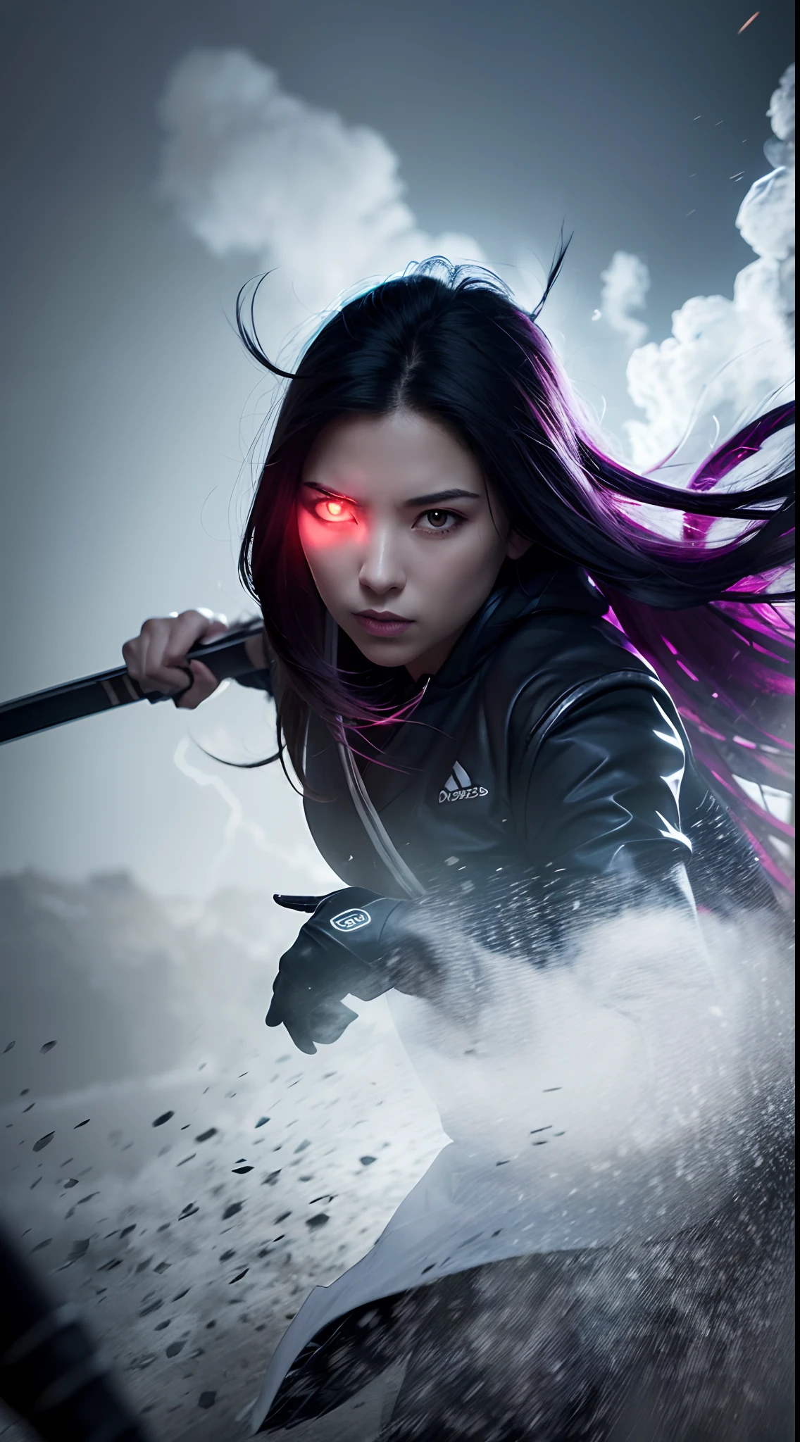(best quality,4k,8k,highres,masterpiece:1.2),ultra-detailed,sharp focus,realistic,photorealistic:1.37,highly detailed eyes and face,beautiful detailed lips,mysterious,stealthy,night scene,dark shadows,gloomy lighting,dynamic pose,action-packed,fierce,merciless,honed skills,silhouette of a ninja,sword slashing through the air,striking with precision,jumping in mid-air,clouds of smoke surrounding her,body in mid-attack,expressive eyes conveying determination and focus,purple flames in the background,creating an intense and dramatic atmosphere,contrasting colors,subtle hints of moonlight filtering through the trees,adding a touch of mystery,purple-toned color palette,creating a sense of intrigue and danger,subtle shining patterns on the ninja's clothing,adding a touch of elegance and sophistication