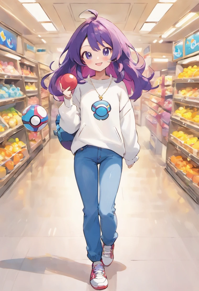 1 girl in、trainers、length hair、purplish hair、Narrow-eyed、White sweater、Denim pants、Holding the Poké Ball in your hand、a smile