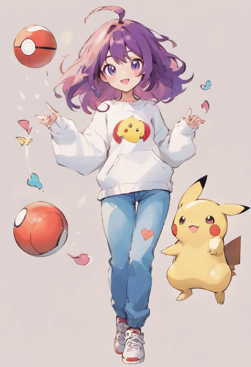 1 girl in、trainers、length hair、purplish hair、Narrow-eyed、White sweater、Denim pants、Holding the Poké Ball in your hand、a smile