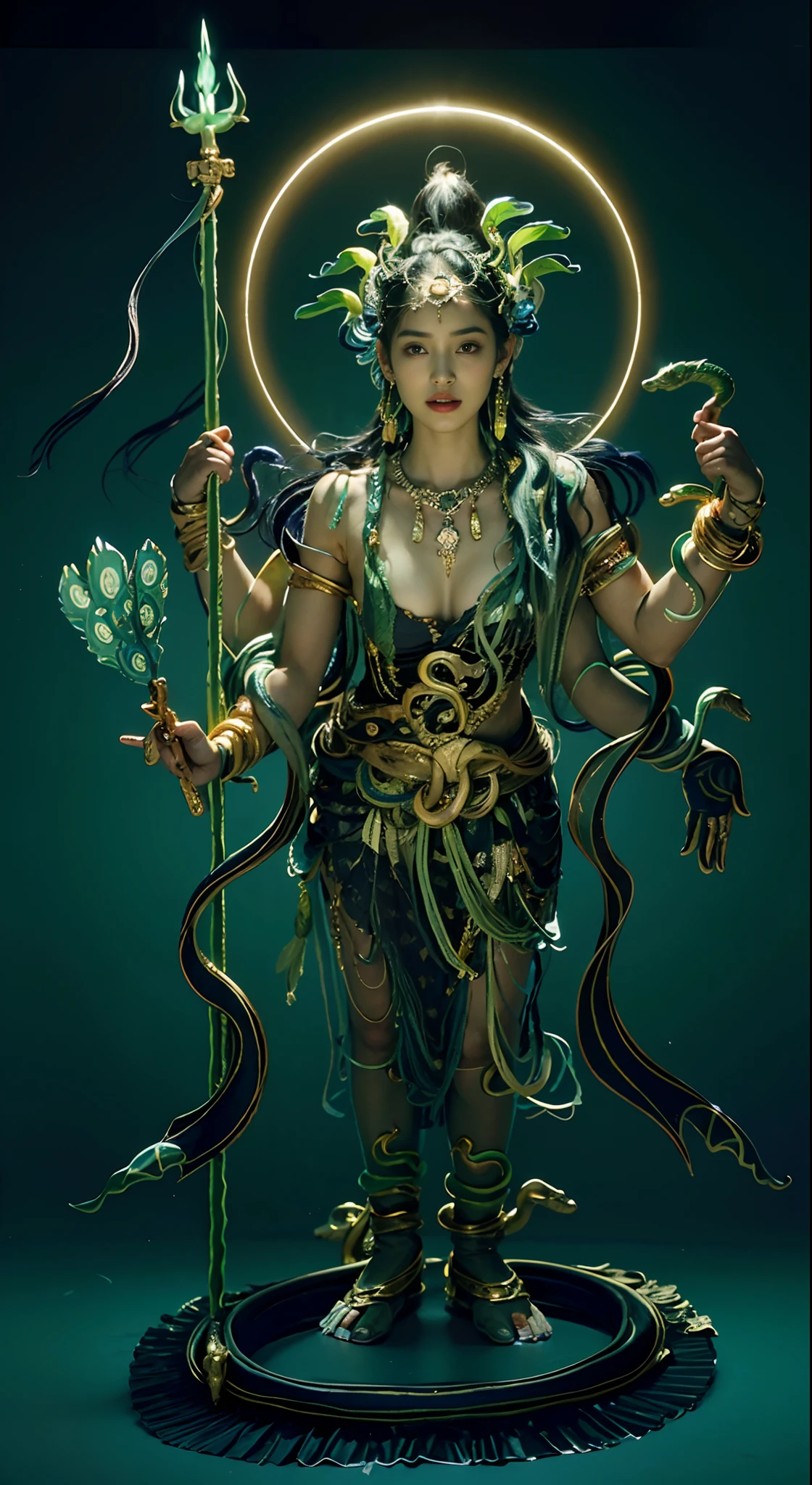 32K(tmasterpiece,k hd,hyper HD,32K)Long flowing black hair,Avatar girl,(((Green skin)))Girl,,Stand in a valley full of flowers,(((Green skin))),Gem Necklace,Exquisite headdress,Long hair hanging down the shoulders,There are six snakes on top of their heads,Snake in hand,The body is decorated with snakes,Four arms,A snake wrapped around his wrist,The ankles are wrapped around the snake,(The union of man and black snake),Solo, The waist is((deerskin)), The upper body is covered(deerskin,) Holding a fan made of peacock essence in his hand, Trident weapons, Streamers,shaded_face, Pretty big breasts,(((Head background with round light))),Behind it is the sun,Bright sky,Sunny picture,offcial art, (Extremely detailed Cg Unity 8K wallpaper), (Photorealistic:1.4), (Masterpiece), (Best quality:1.2),Light and shadow tracking,Super HD, A high resolution, the detail, RAW photogr, Sharp Re, Nikon D850 Film Stock Photo by Jefferies Lee 4 Kodak Portra 400 Camera F1.6 shots, Rich colors, ultra-realistic vivid textures, Dramatic lighting, Unreal Engine Art Station Trend, cinestir 800,Long flowing black hair,