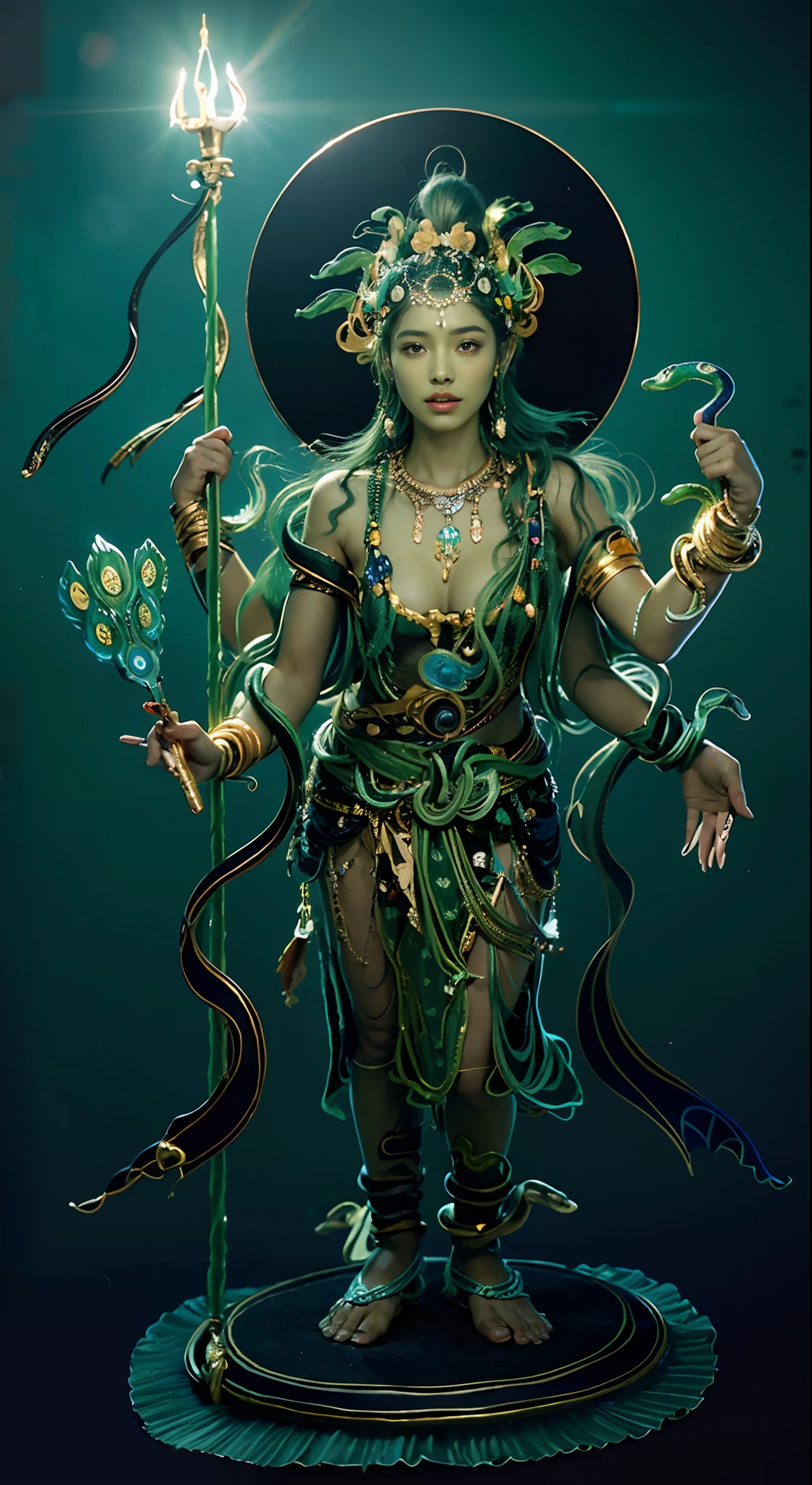 32K(tmasterpiece,k hd,hyper HD,32K)Long flowing black hair,Avatar girl,(((Green skin)))Girl,10 years old child,Stand in a valley full of flowers,(((Green skin))),Gem Necklace,Exquisite headdress,Long hair hanging down the shoulders,There are six snakes on top of their heads,Snake in hand,The body is decorated with snakes,Four arms,A snake wrapped around his wrist,The ankles are wrapped around the snake,(The union of man and black snake),Solo, The waist is((deerskin)), The upper body is covered(deerskin,) Holding a fan made of peacock essence in his hand, Trident weapons, Streamers,shaded_face, Pretty big breasts,(((Head background with round light))),Behind it is the sun,Bright sky,Sunny picture,offcial art, (Extremely detailed Cg Unity 8K wallpaper), (Photorealistic:1.4), (Masterpiece), (Best quality:1.2),Light and shadow tracking,Super HD, A high resolution, the detail, RAW photogr, Sharp Re, Nikon D850 Film Stock Photo by Jefferies Lee 4 Kodak Portra 400 Camera F1.6 shots, Rich colors, ultra-realistic vivid textures, Dramatic lighting, Unreal Engine Art Station Trend, cinestir 800,Long flowing black hair,