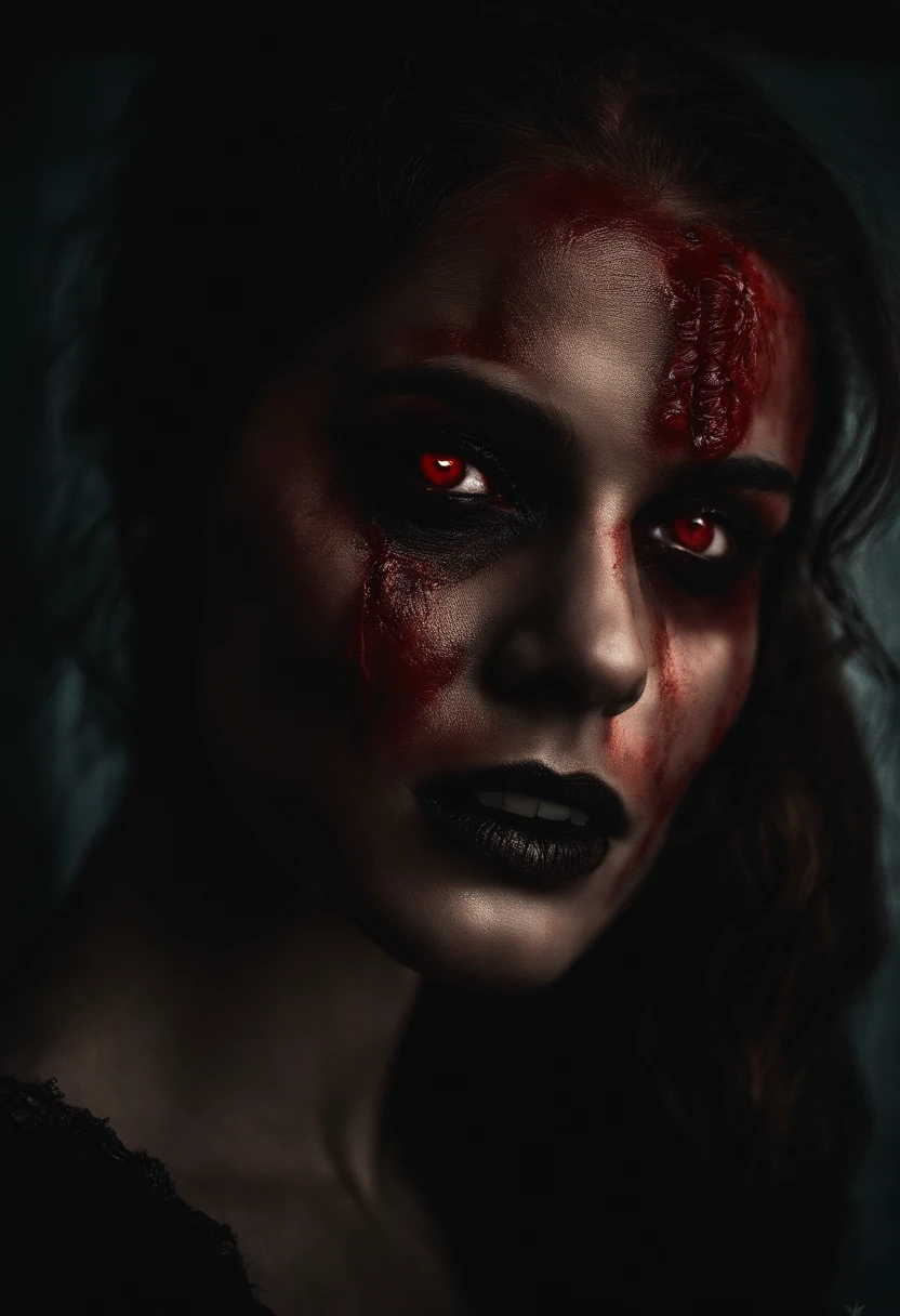 hideous, luz escura e brilho vermelho, estilo retrato, paleta de cores sombria.

Generated prompt: Zumbi, deformed face, black eyes, fangs, gloomy, ????, blood, worms coming out of the face, horrifying, dark lighting with red glow, portrait style, dark color palette.