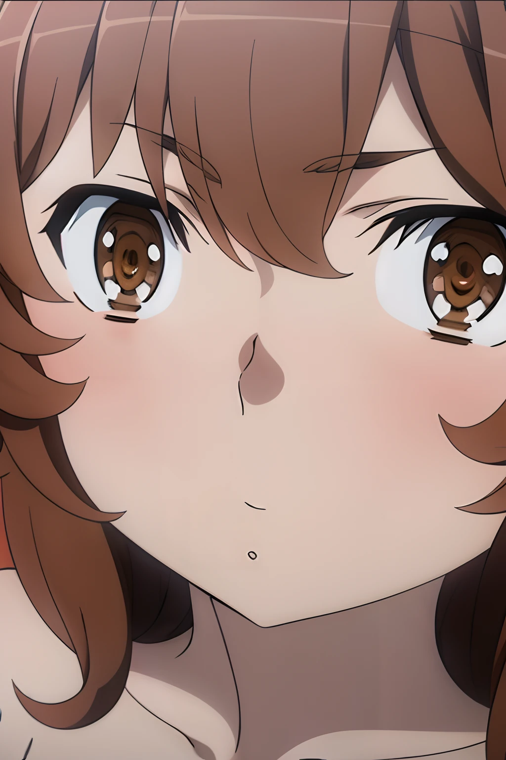 (The beauty of one beautiful girl、Lirilka、18years old、brown-eyed(High resolution eyes、Beautiful eyes、Light in the eyes)、super high precision、hiquality、top-quality、animesque、2D、Brown shorthair、Fine-grained skin、Red cheeks、Red ears、Mischievous、During naughty delusions、Beautiful small breasts)、Close-up representation of a single person、
