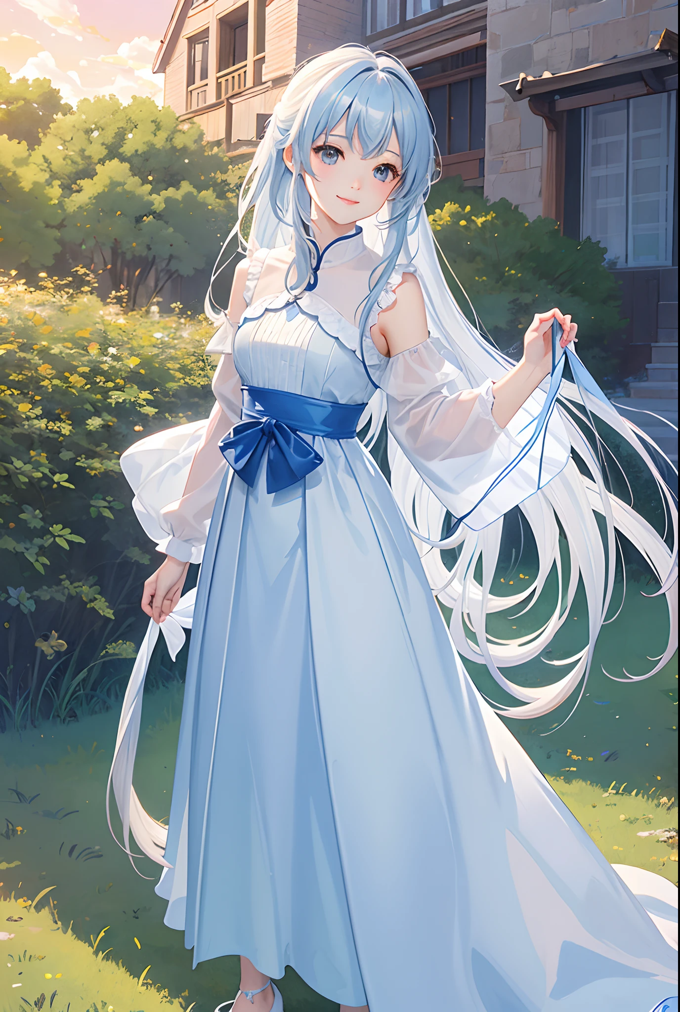 (((masterpiece)))、(((top-quality)))、((ultra-definition))、(Highly detailed CG illustrations)、((extremely delicate and beautiful))、(Delicate and Pretty Face)、ciinematic light、Pretty girl、Light blue long hair、Twin-tailed、独奏、Standing on the meadow of the sunset、full body Esbian、A charming smile、small tits(Character Focus)、nffsw、Face Highlights