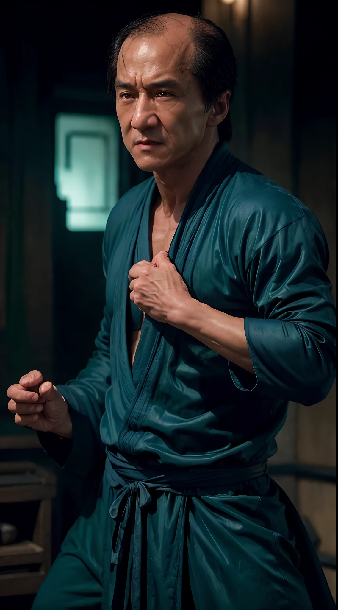 actor ((Jackie Chan)) as Shang Tsung, Mortal Kombat, ((old)), sinister-looking, ((bald spot)), ((goatee)), dark blue long robe, green transparent souls on background, intricate, high detail, sharp focus, dramatic, photorealistic painting art by greg rutkowski