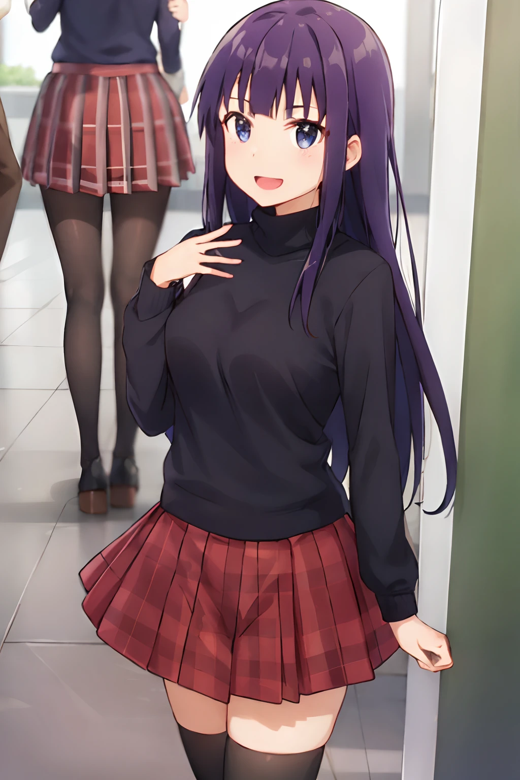 yamada, 1girl, solo, thighhighs, skirt, zettai_ryouiki, black_thighhighs, plaid_skirt, open_mouth, smile, plaid, sparkle, blush, hand_on_own_chest, turtleneck, sweater, bubble, long_sleeves, looking_at_viewer, pleated_skirt, :d, green_background, breasts, shirt, wings, miniskirt, standing