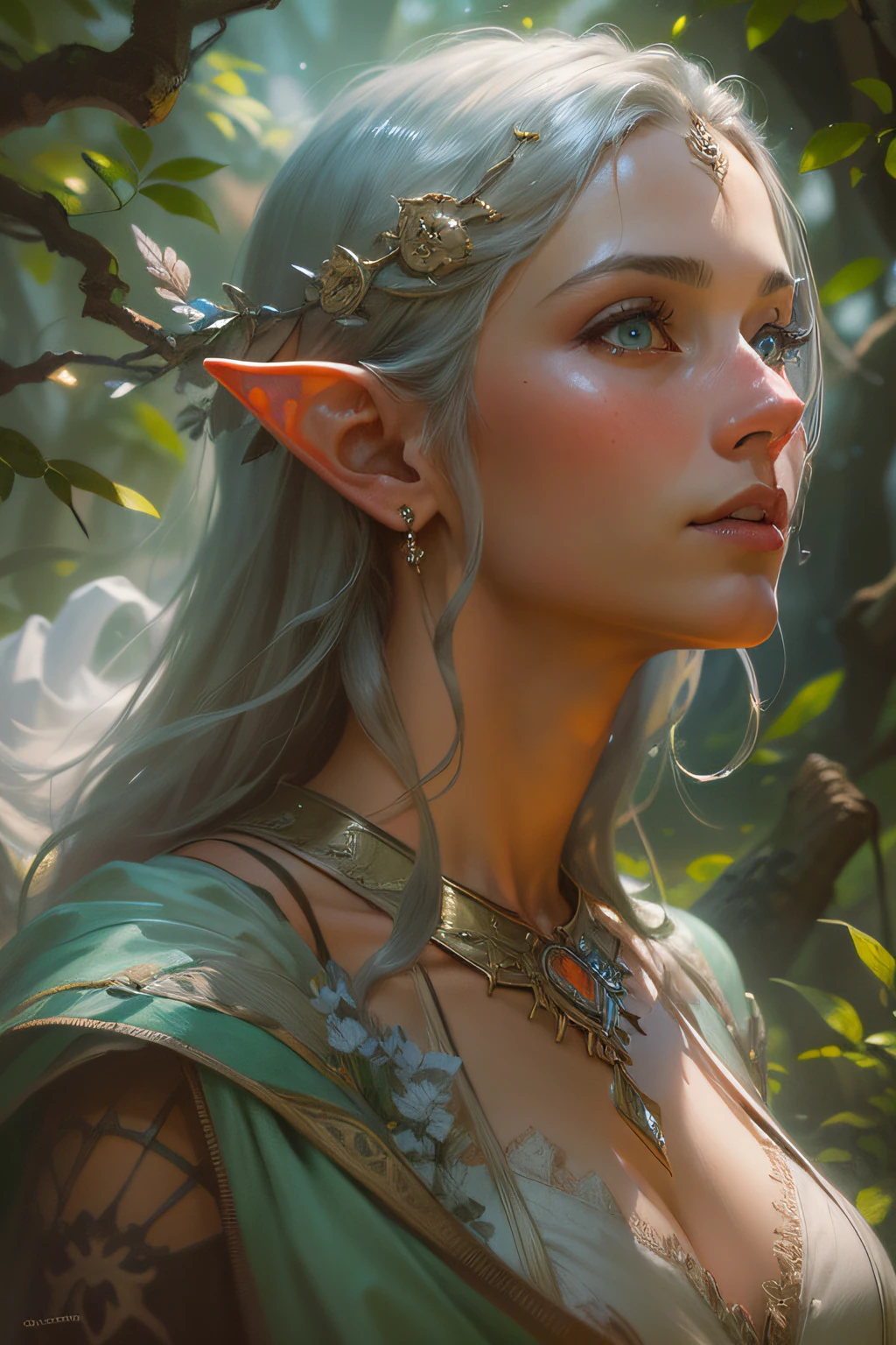 (masterpiece, ultra quality, high resolution, 8k, intricate: 1.2). female elf, looking at viewer, flowing cloths and silver amor, the silent forested, mysterious, fantasy art, Donato Giancola, craig mullins, parth, masterful strokes legendary