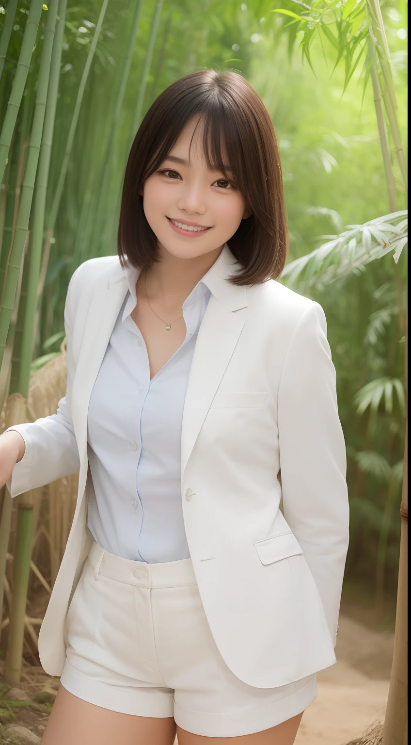 A smiling girl,While wearing a white Business suits,Super short blue denim shorts,Standing in a bamboo forest,com rosto detalhado,The eyes are delicate,The photo quality is the best,Realistic image quality,Background diffuse lighting,Depth of field display。