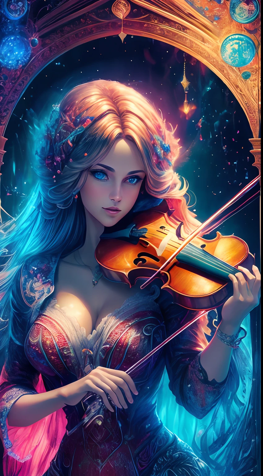 HDR ultra resolution 4k, 8k, 32k, 120k, beautiful fantasy art, with beautiful details, intricate, beautiful woman the most beautiful, playing violin, colorful musical notes around, musical notes in the air, colored sounds in the Air, Very colorful ultra detailed masterpiece, fantastic color palette,
