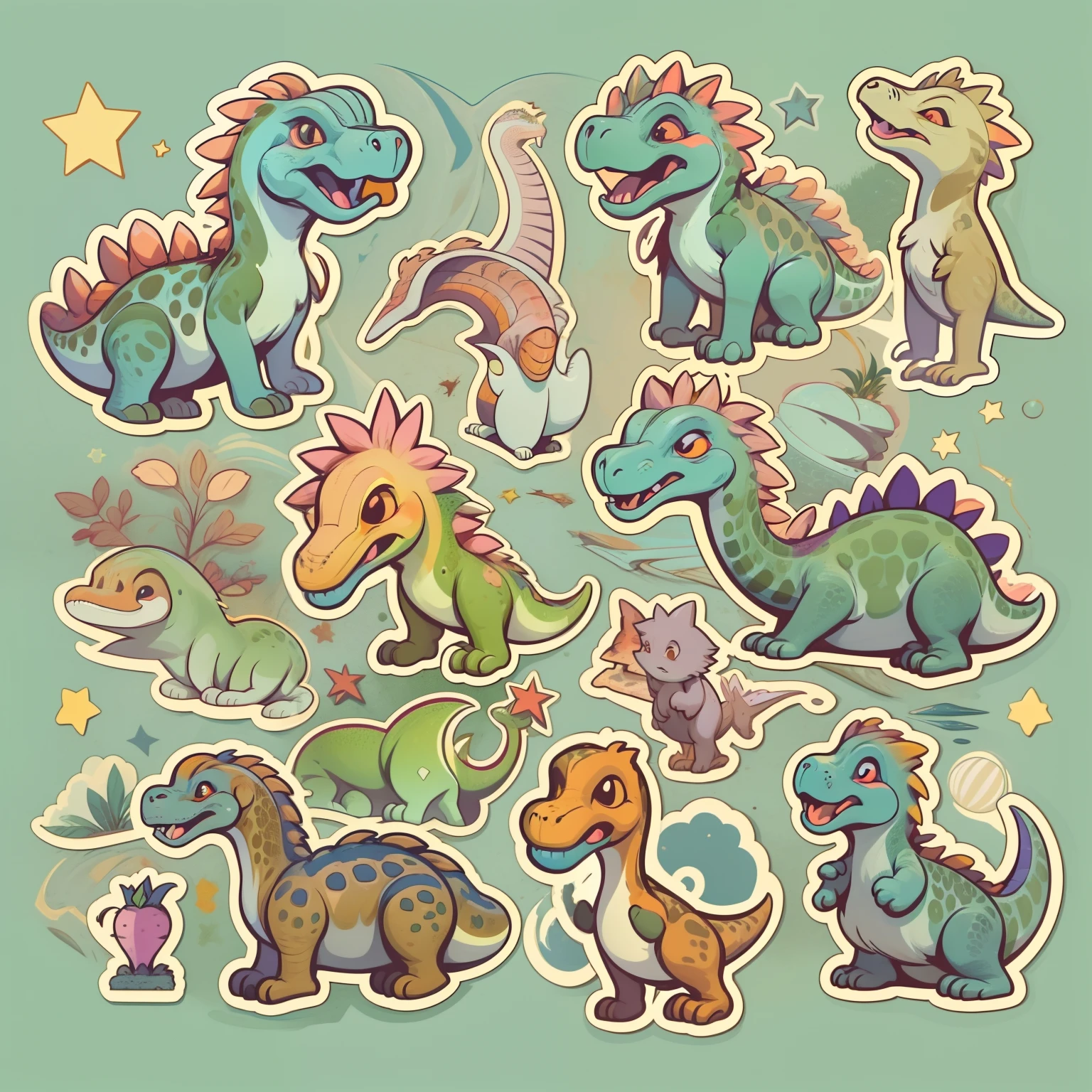 1sticker,a sticker,dinosaurs, tyrannosarus rex,Brontosaurus,(dinosaurs),As estrelas,drak, white backgrounid, nothing background, simple backgound, dk, small, pastel colour, vectorstyle, no gradien,