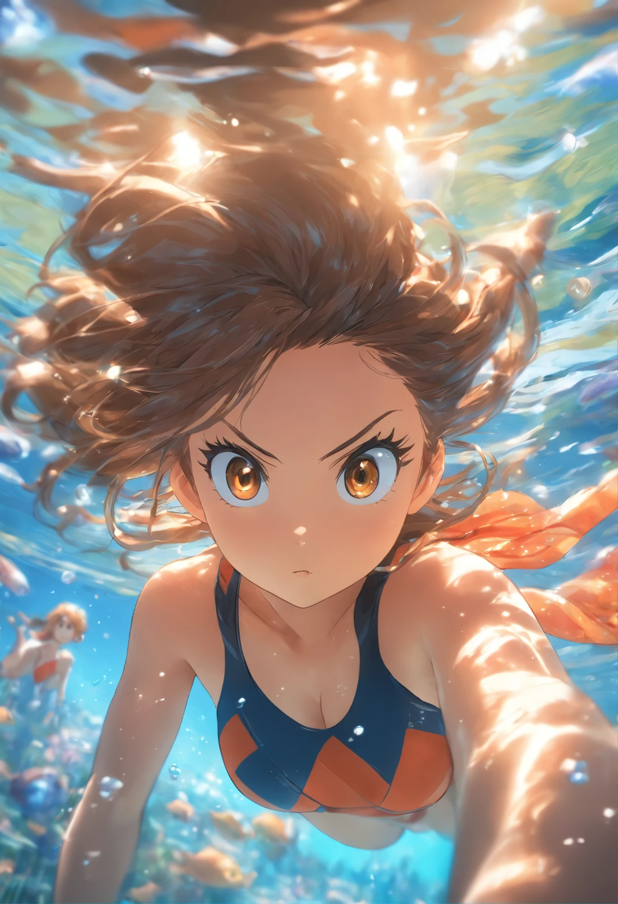 foreshortening,  depth of field, masterpiece, best quality, 1girl, brown hair, brown eyes,  long hair, underwater, air bubble, solo, looking at viewer, school swimsuit, swimming,  dappled sunlight,