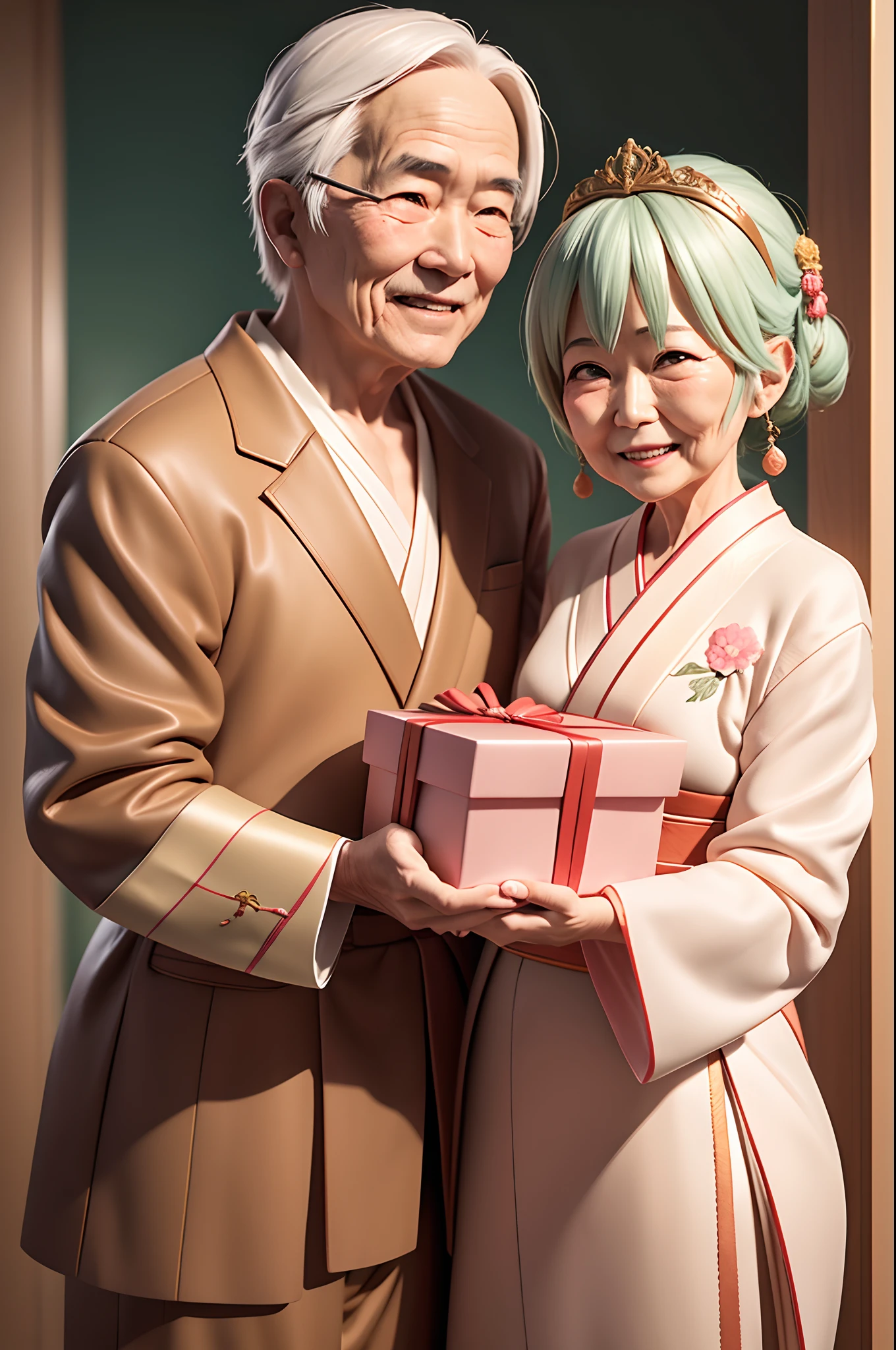 Japanese Grand Father and Grand Mother Smile and receiving gift from family, Family Members are rounding, Nephews, neice, Digital Painting, Soft Lighting, Japanese Grand Parents Characters, Best Quality, Good Render, 3D Rendering.